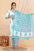 Aqua Blue Premium cotton Printed Kurti Pant Dupatta Set