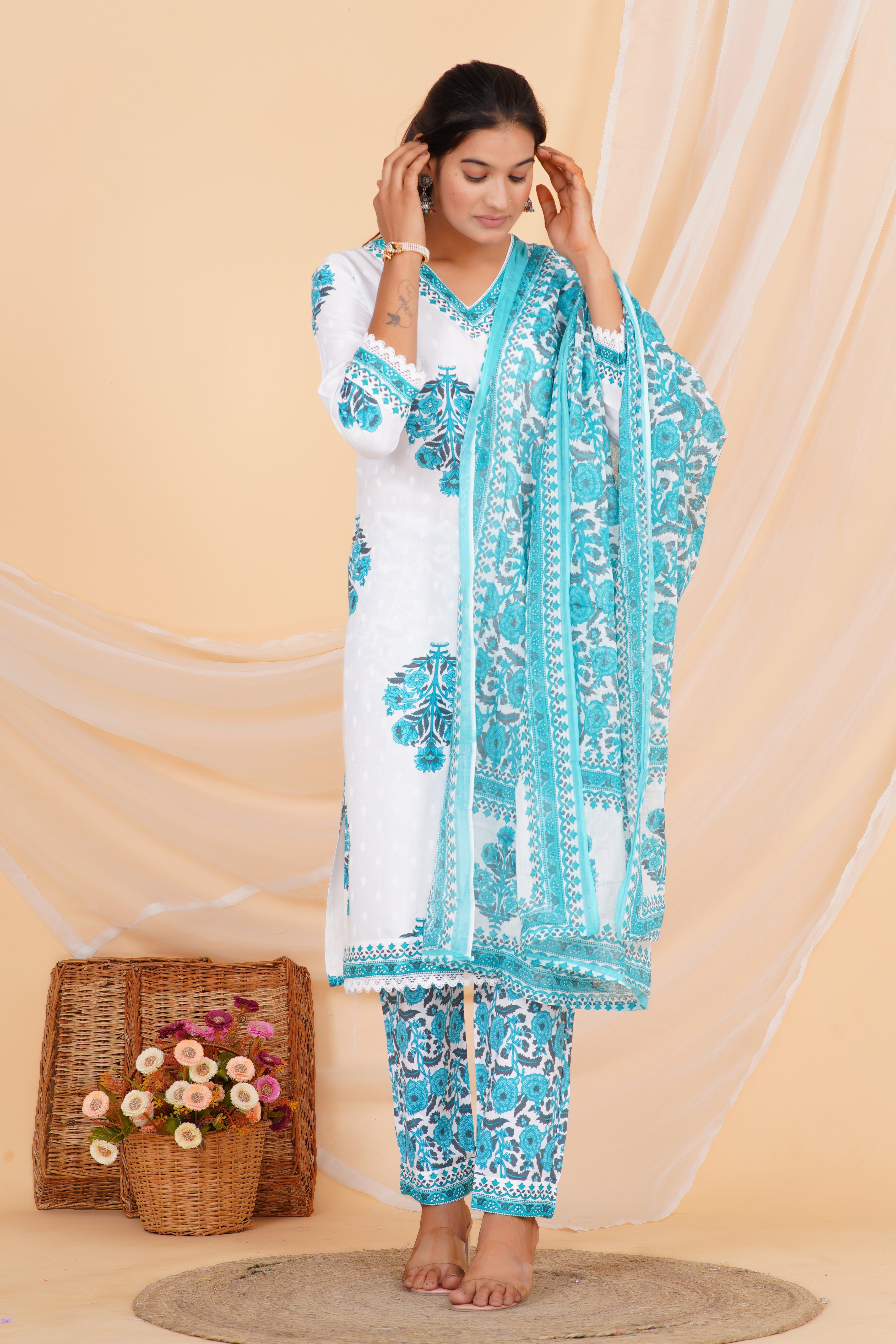 Aqua Blue Premium cotton Printed Kurti Pant Dupatta Set