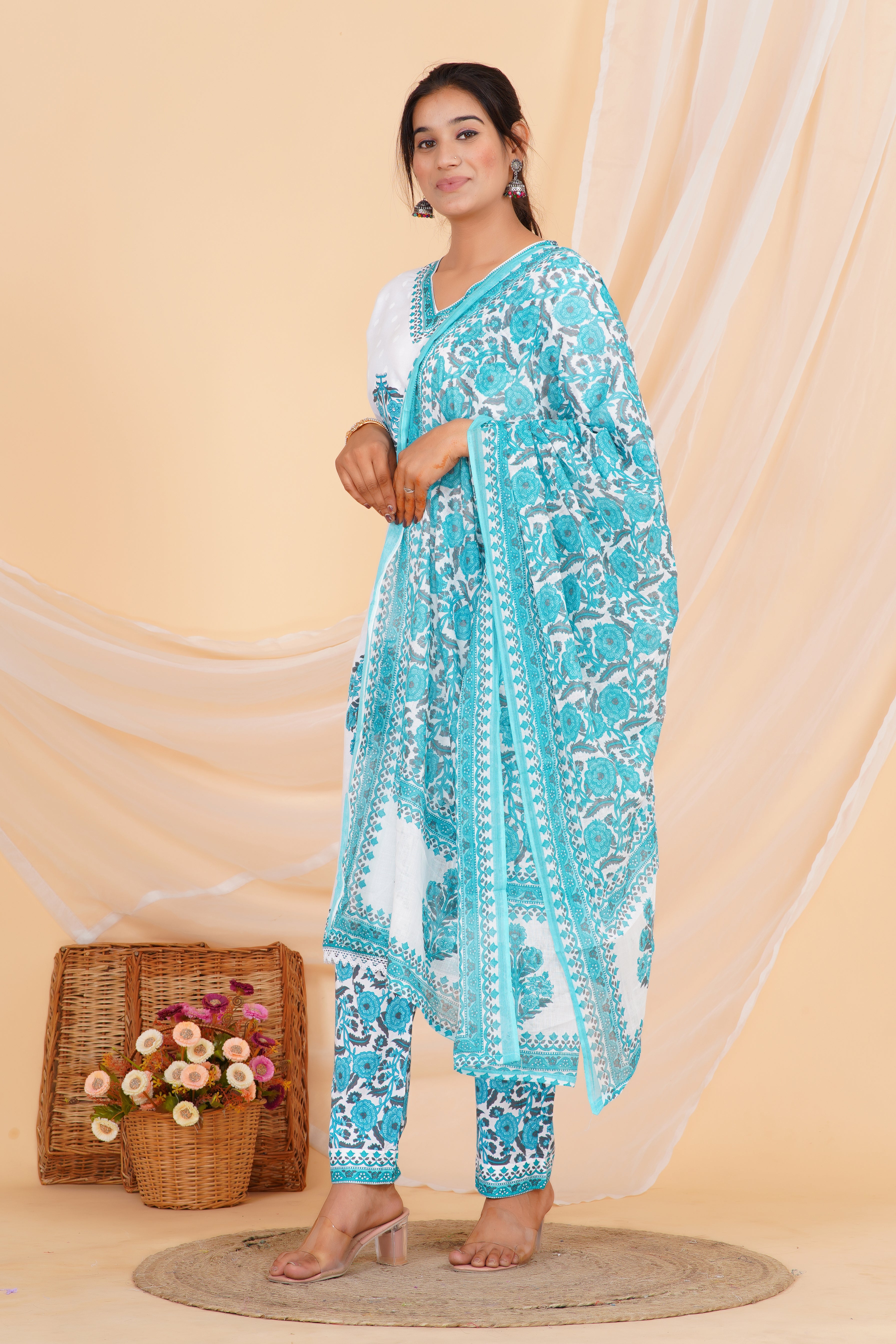 Aqua Blue Premium cotton Printed Kurti Pant Dupatta Set
