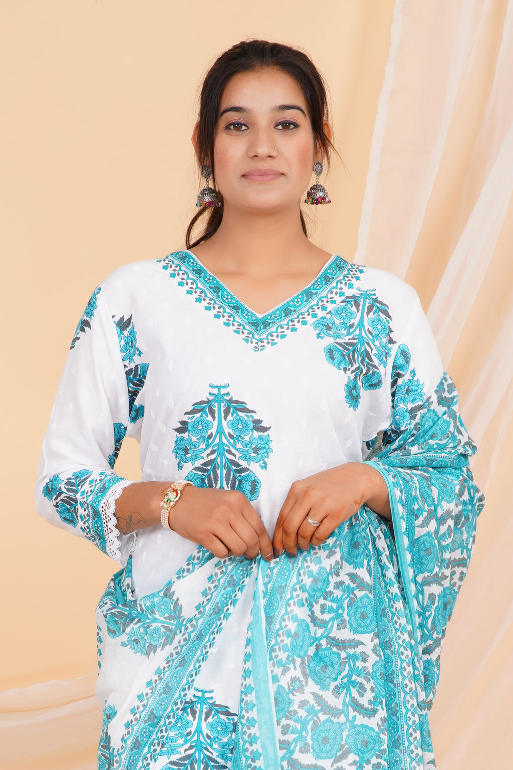 Aqua Blue Premium cotton Printed Kurti Pant Dupatta Set