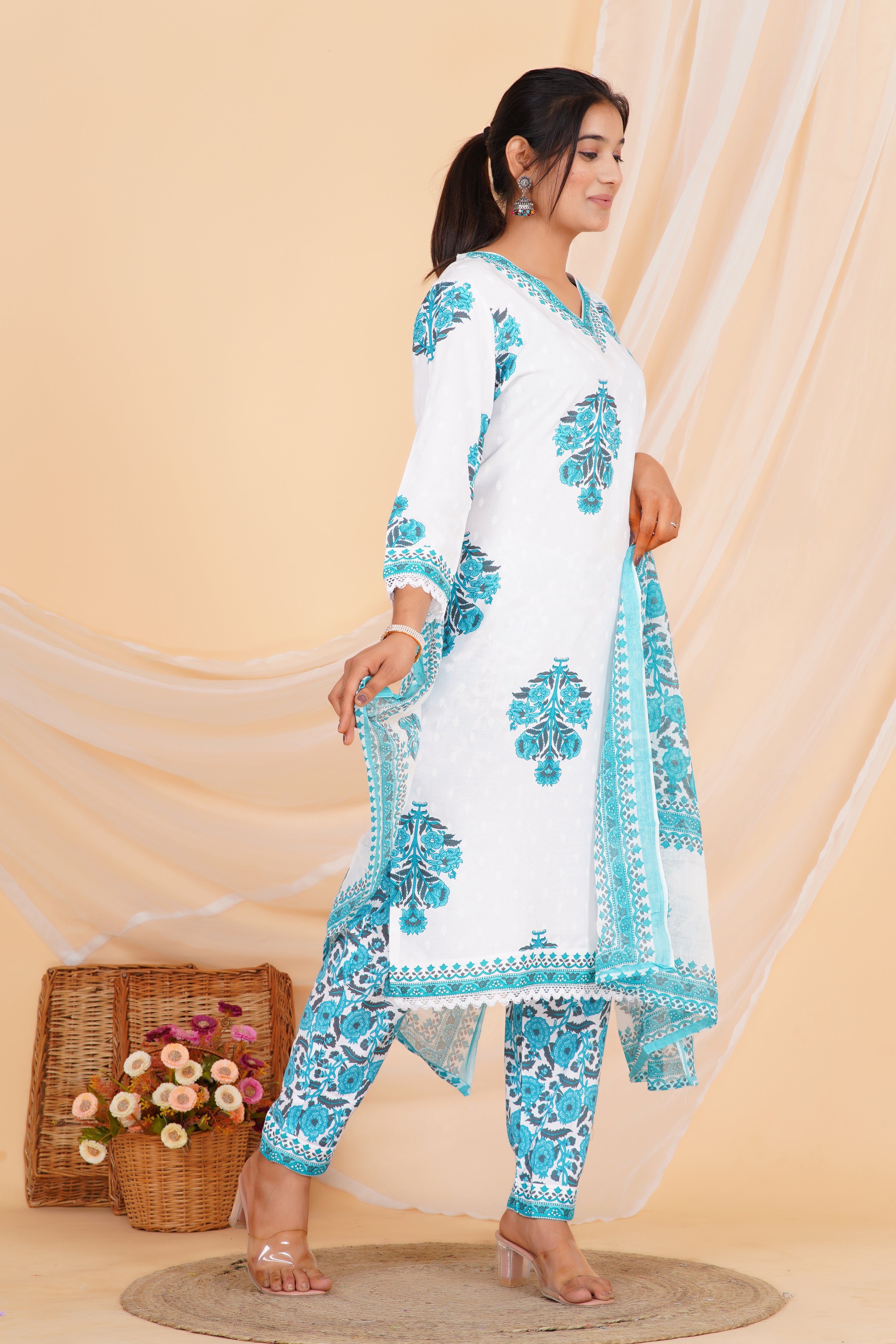 Aqua Blue Premium cotton Printed Kurti Pant Dupatta Set