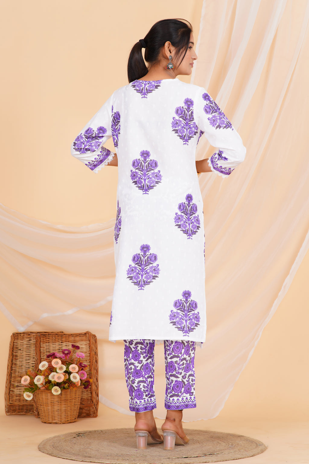 Blue Flower Premium cotton Printed Kurti Pant Dupatta Set