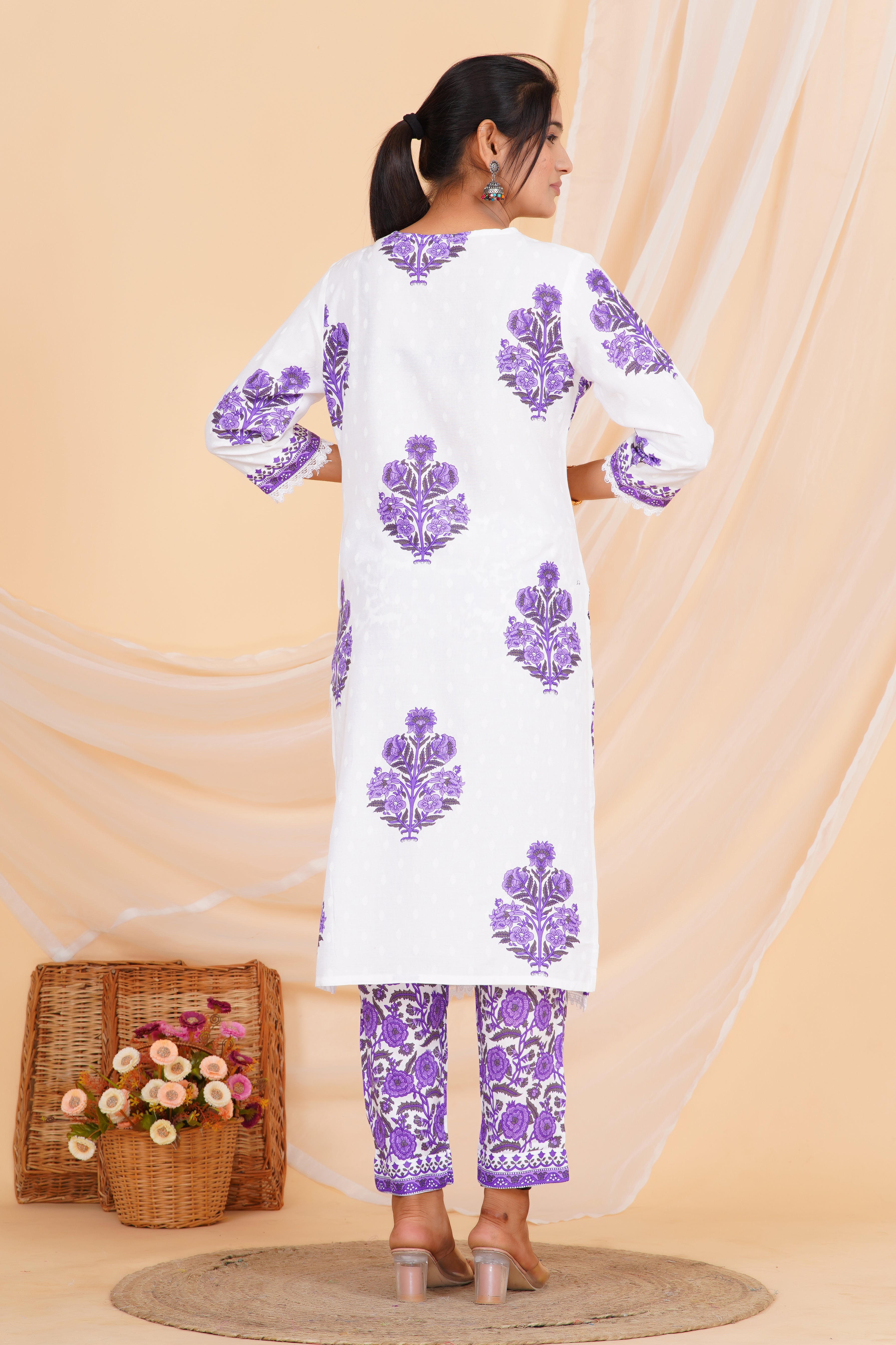 Blue Flower Premium cotton Printed Kurti Pant Dupatta Set