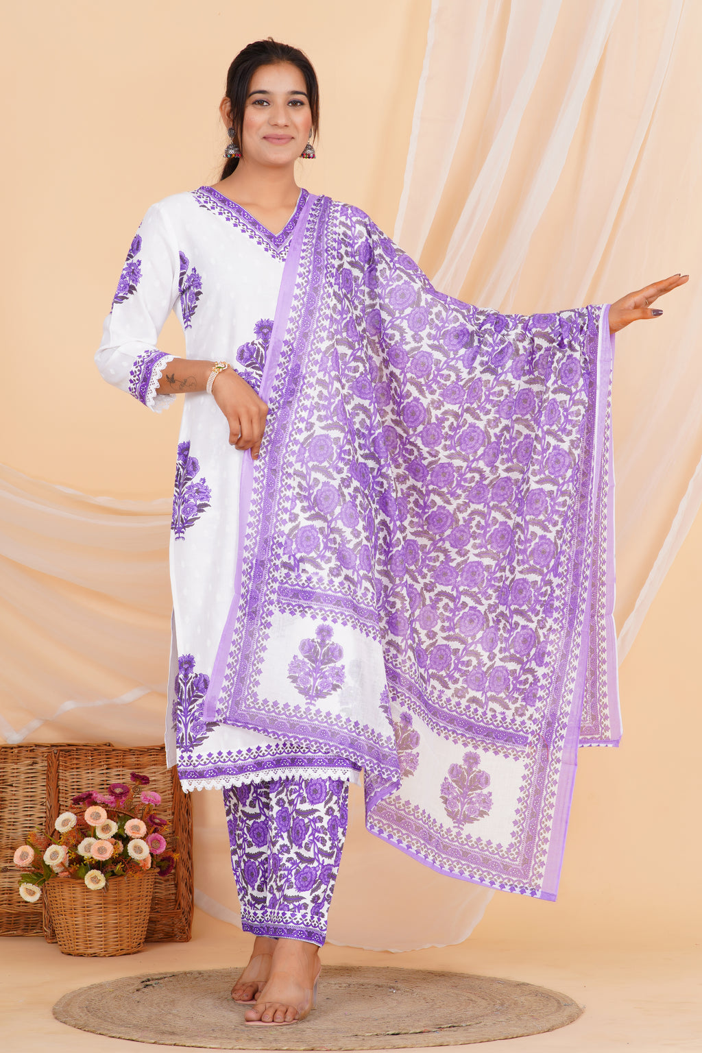 Blue Flower Premium cotton Printed Kurti Pant Dupatta Set