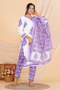 Blue Flower Premium cotton Printed Kurti Pant Dupatta Set
