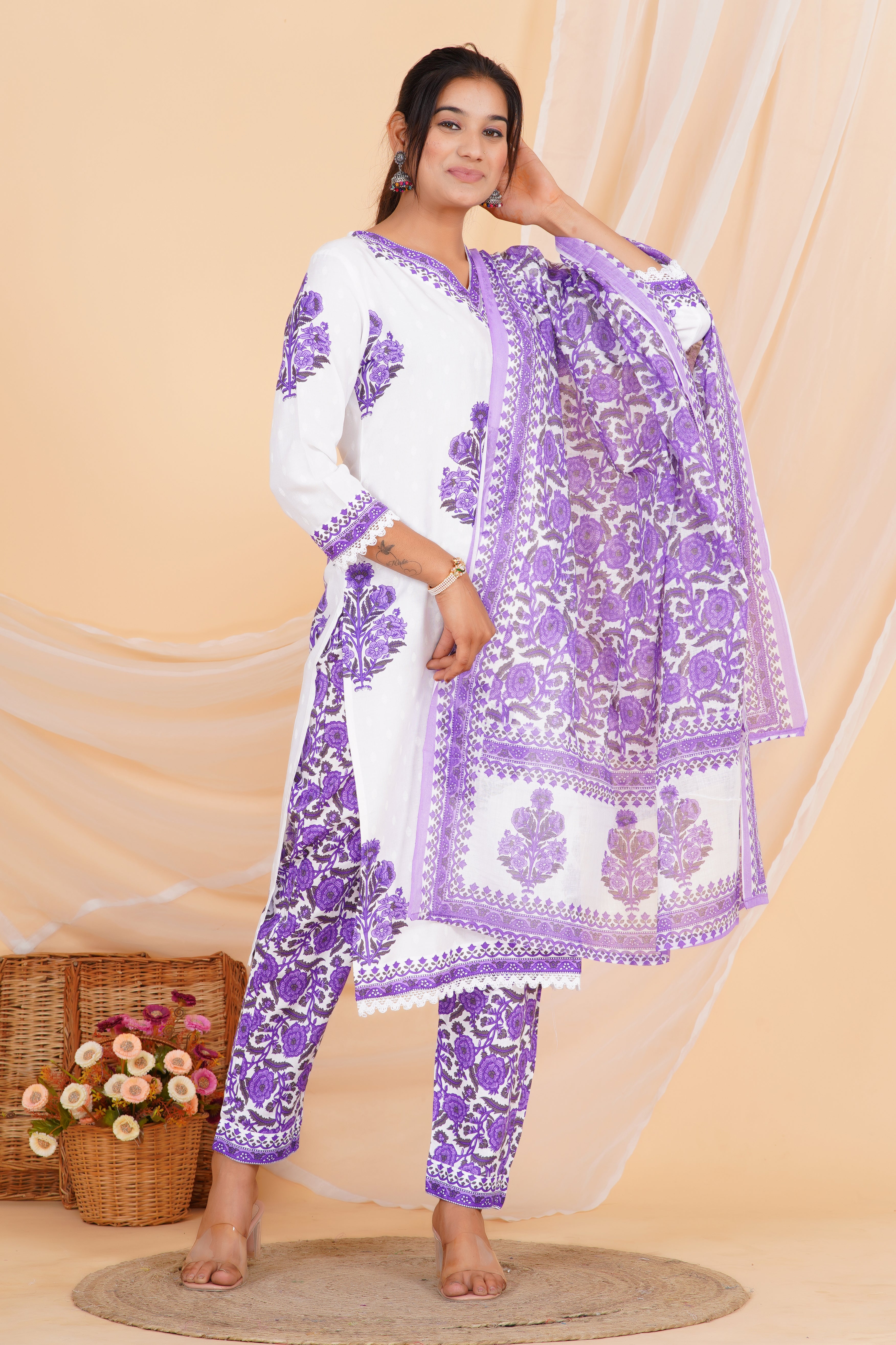 Blue Flower Premium cotton Printed Kurti Pant Dupatta Set