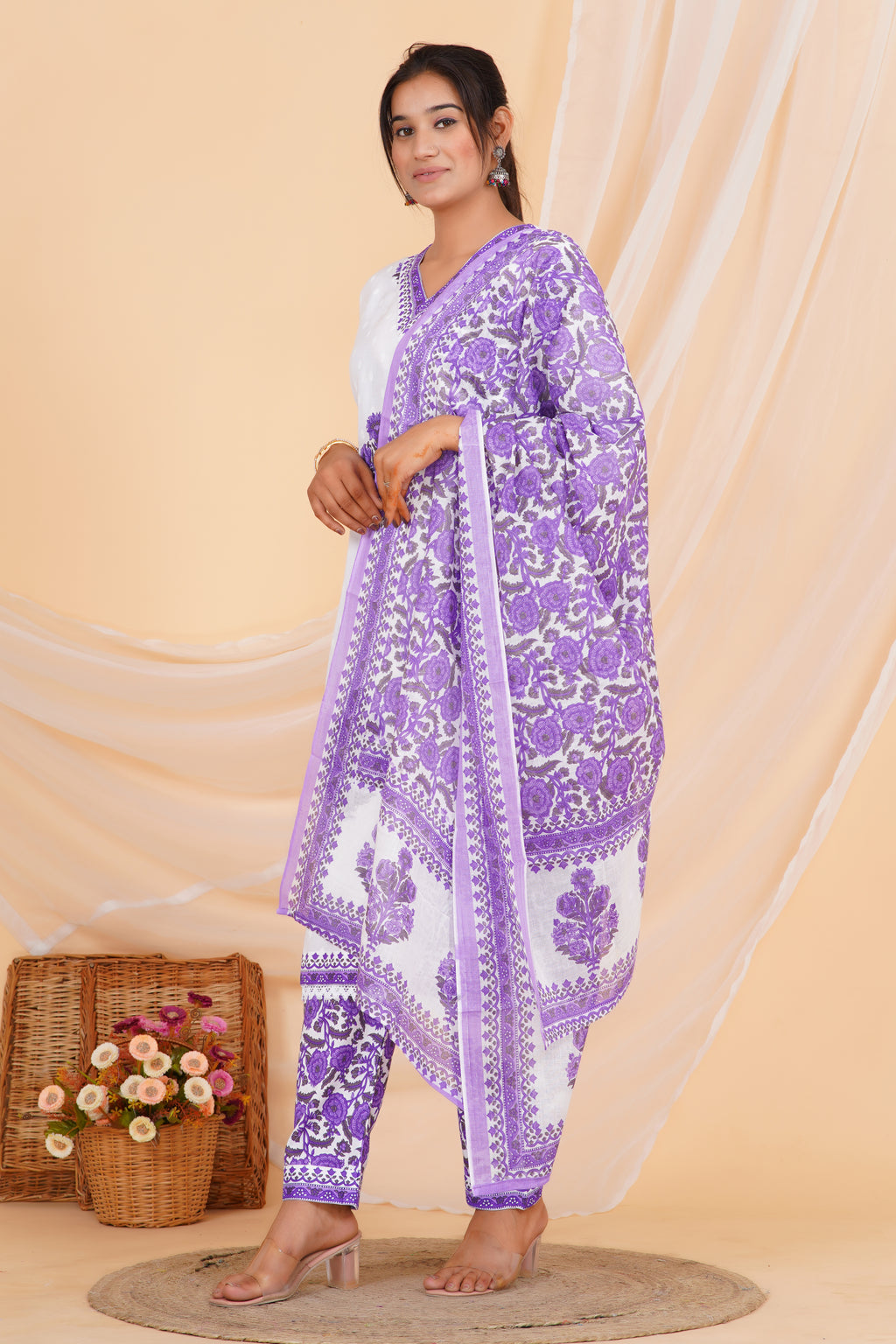 Blue Flower Premium cotton Printed Kurti Pant Dupatta Set