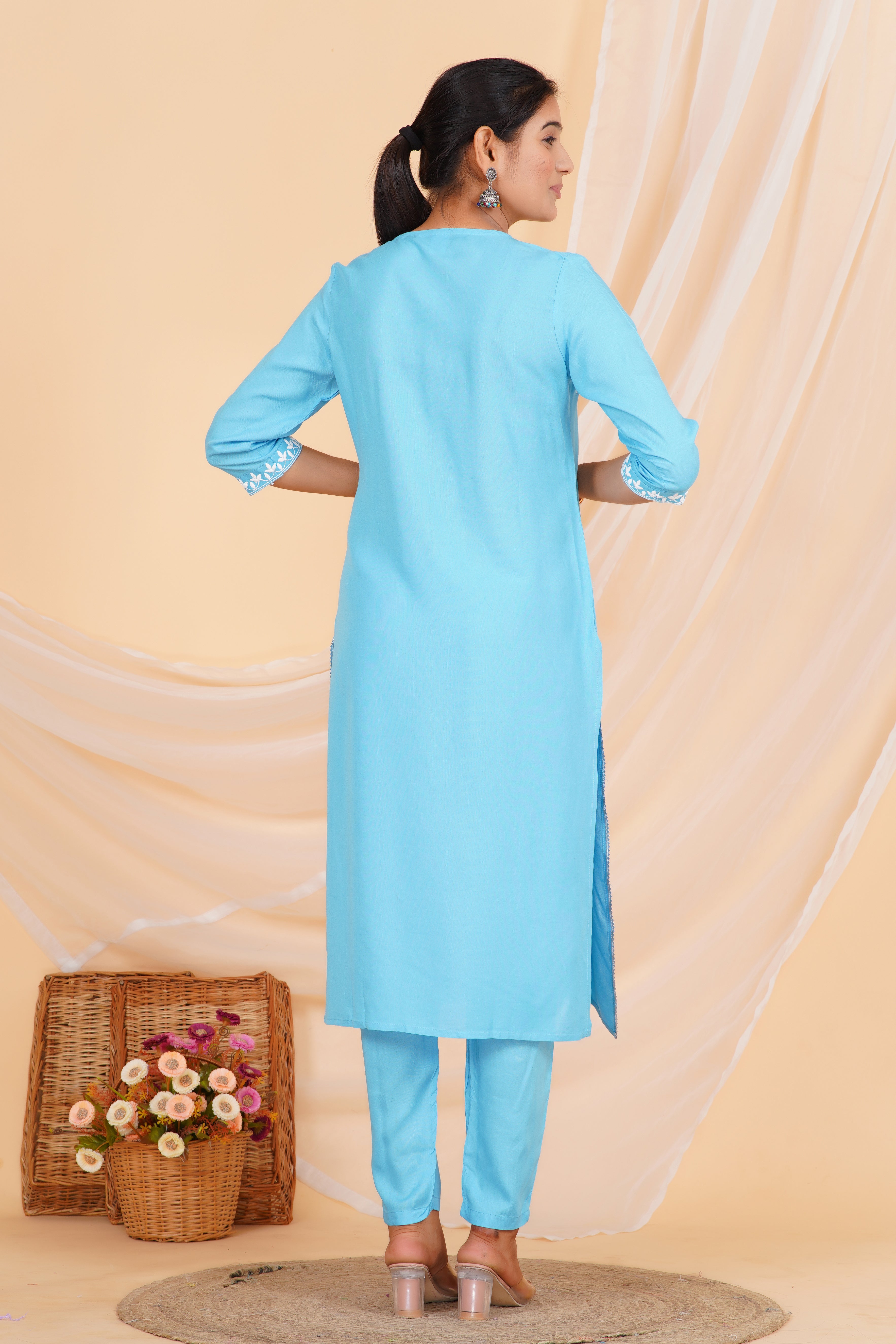 Sky Blue Embroidery Premium cotton Printed Kurti Pant Dupatta Set