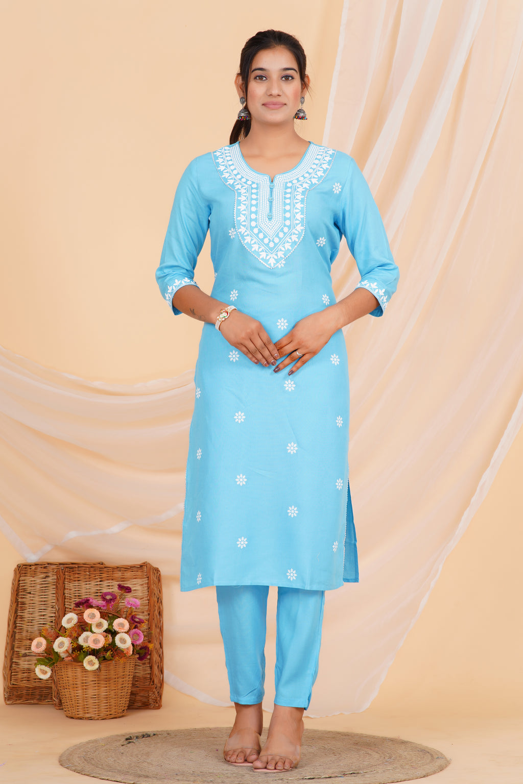Sky Blue Embroidery Premium cotton Printed Kurti Pant Dupatta Set