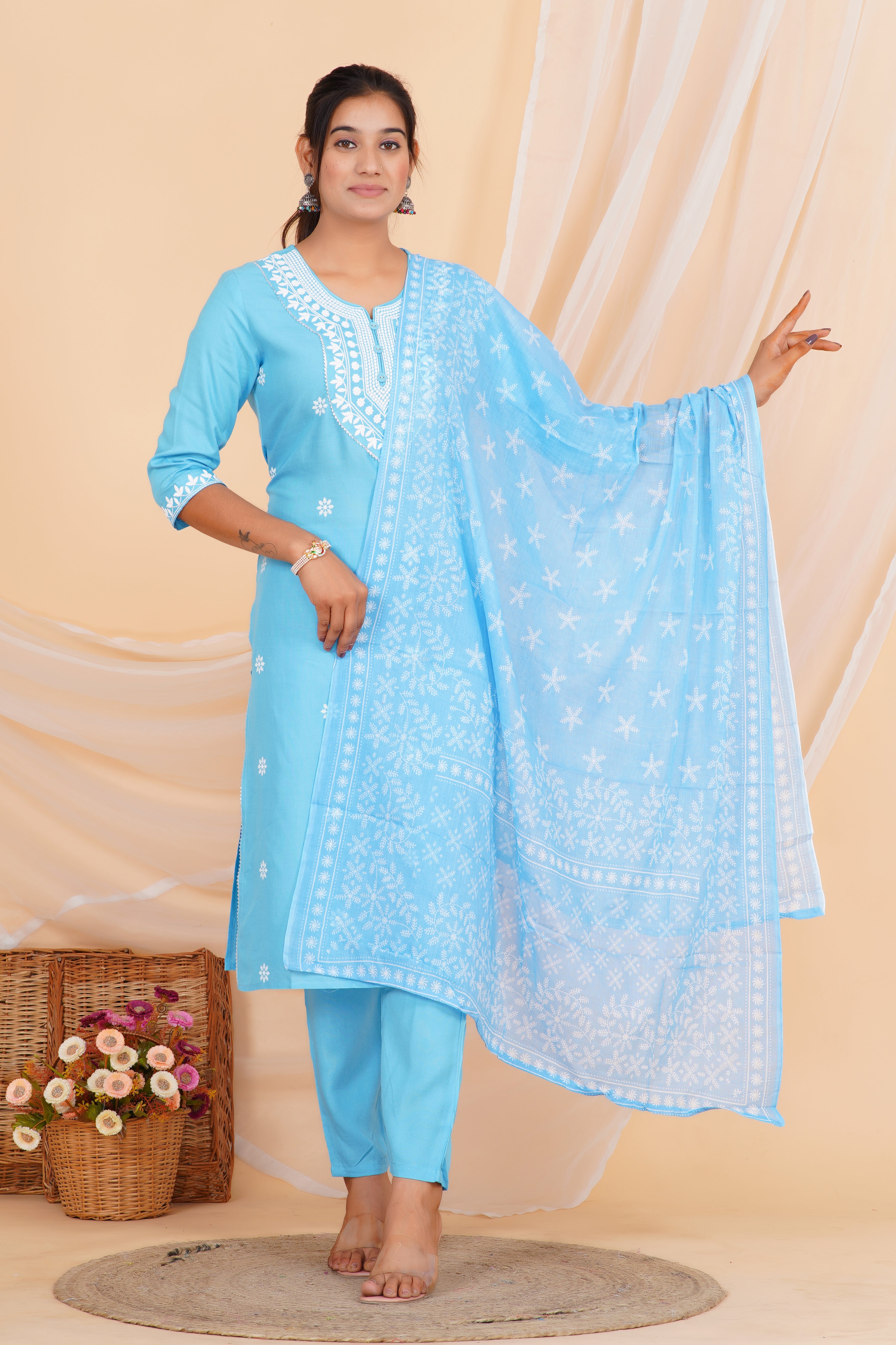Sky Blue Embroidery Premium cotton Printed Kurti Pant Dupatta Set