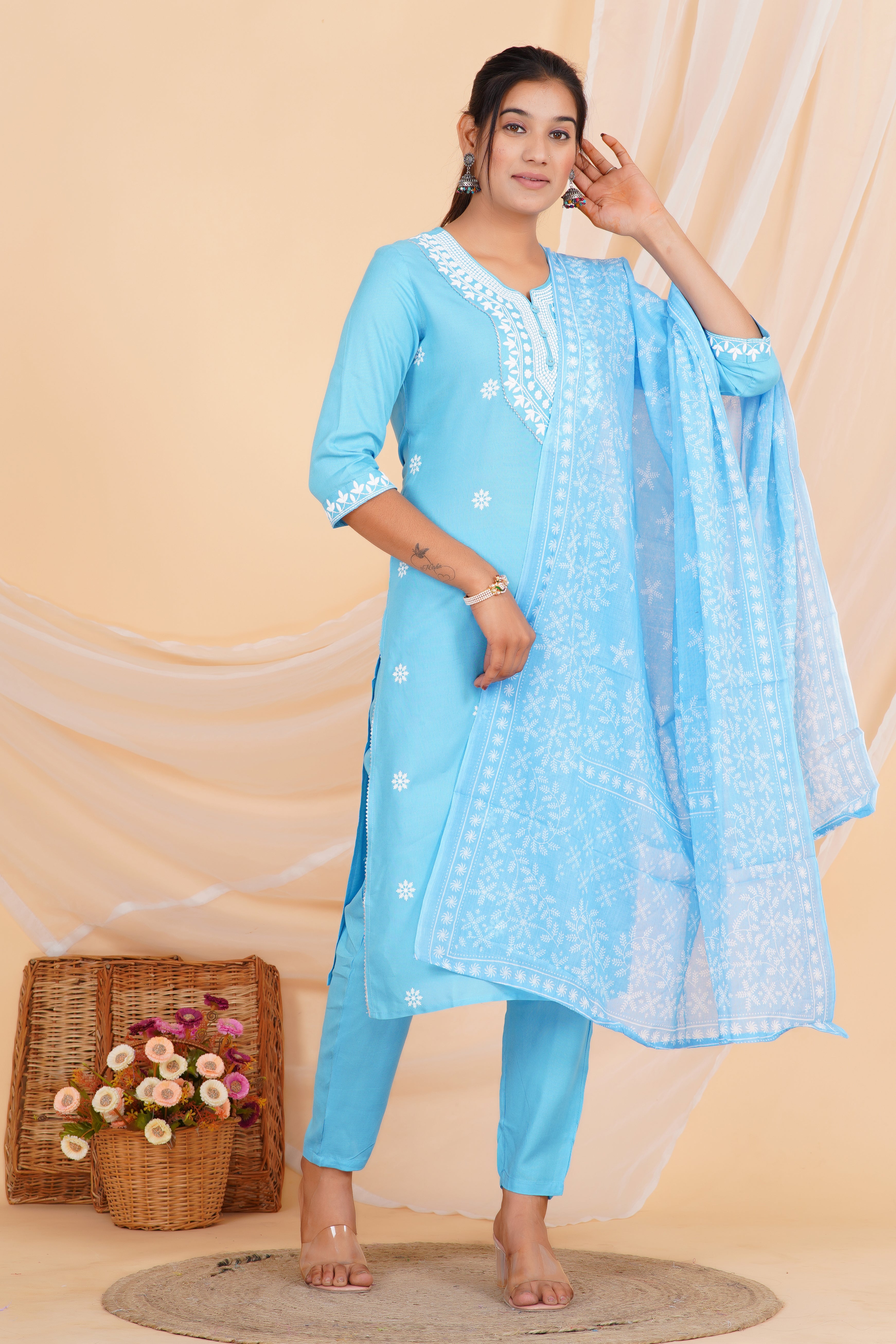 Sky Blue Embroidery Premium cotton Printed Kurti Pant Dupatta Set