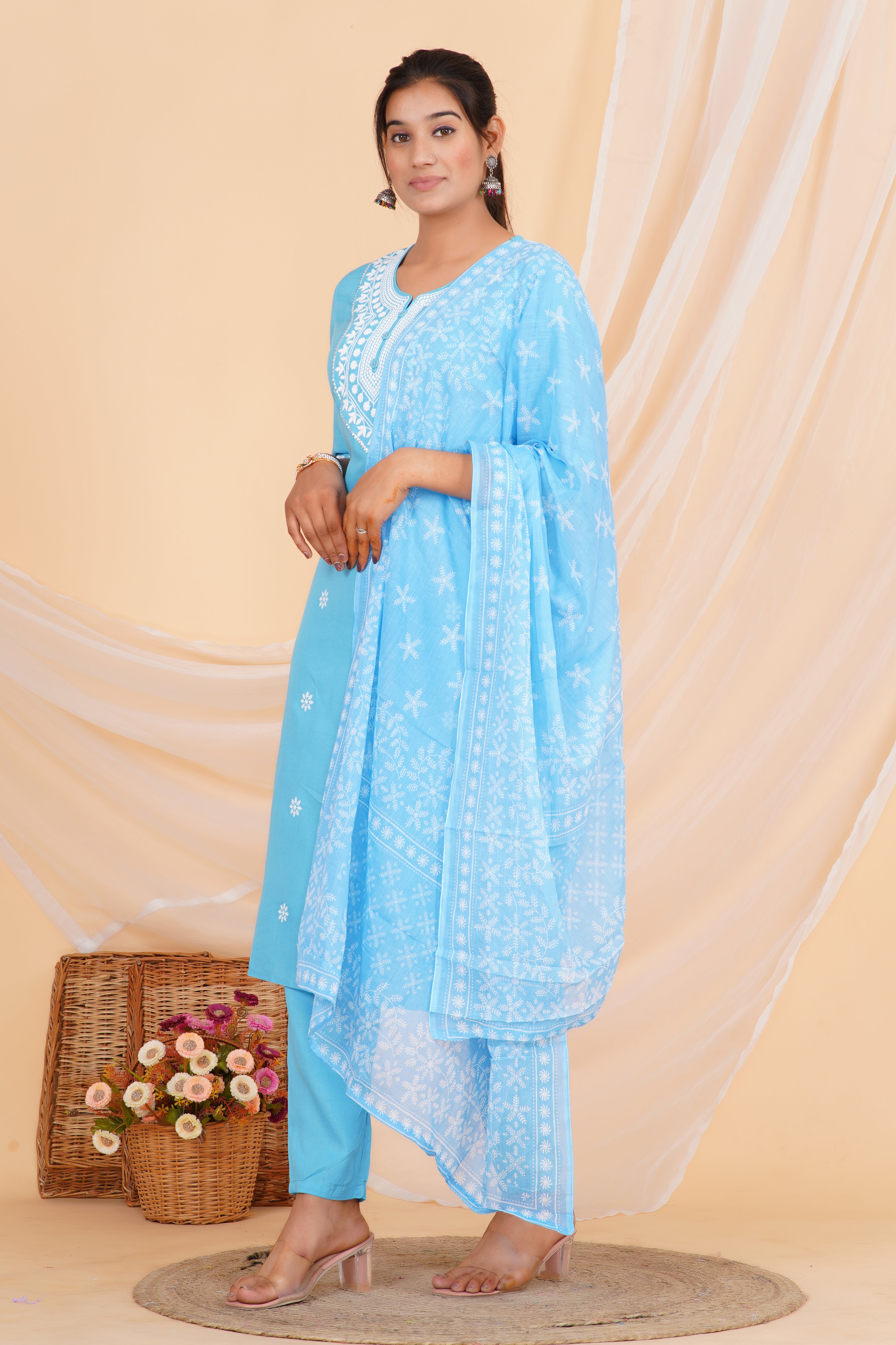 Sky Blue Embroidery Premium cotton Printed Kurti Pant Dupatta Set