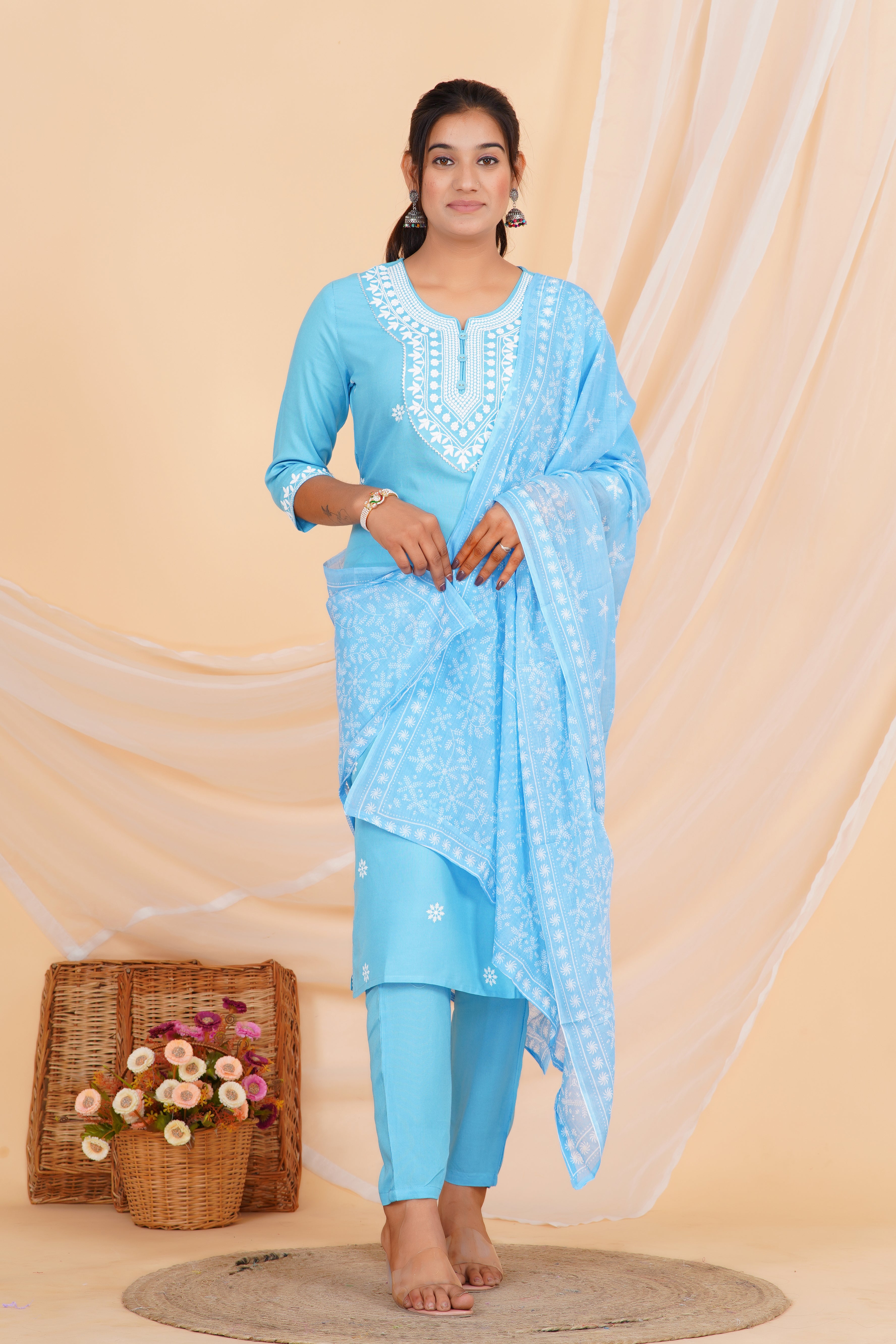 Sky Blue Embroidery Premium cotton Printed Kurti Pant Dupatta Set