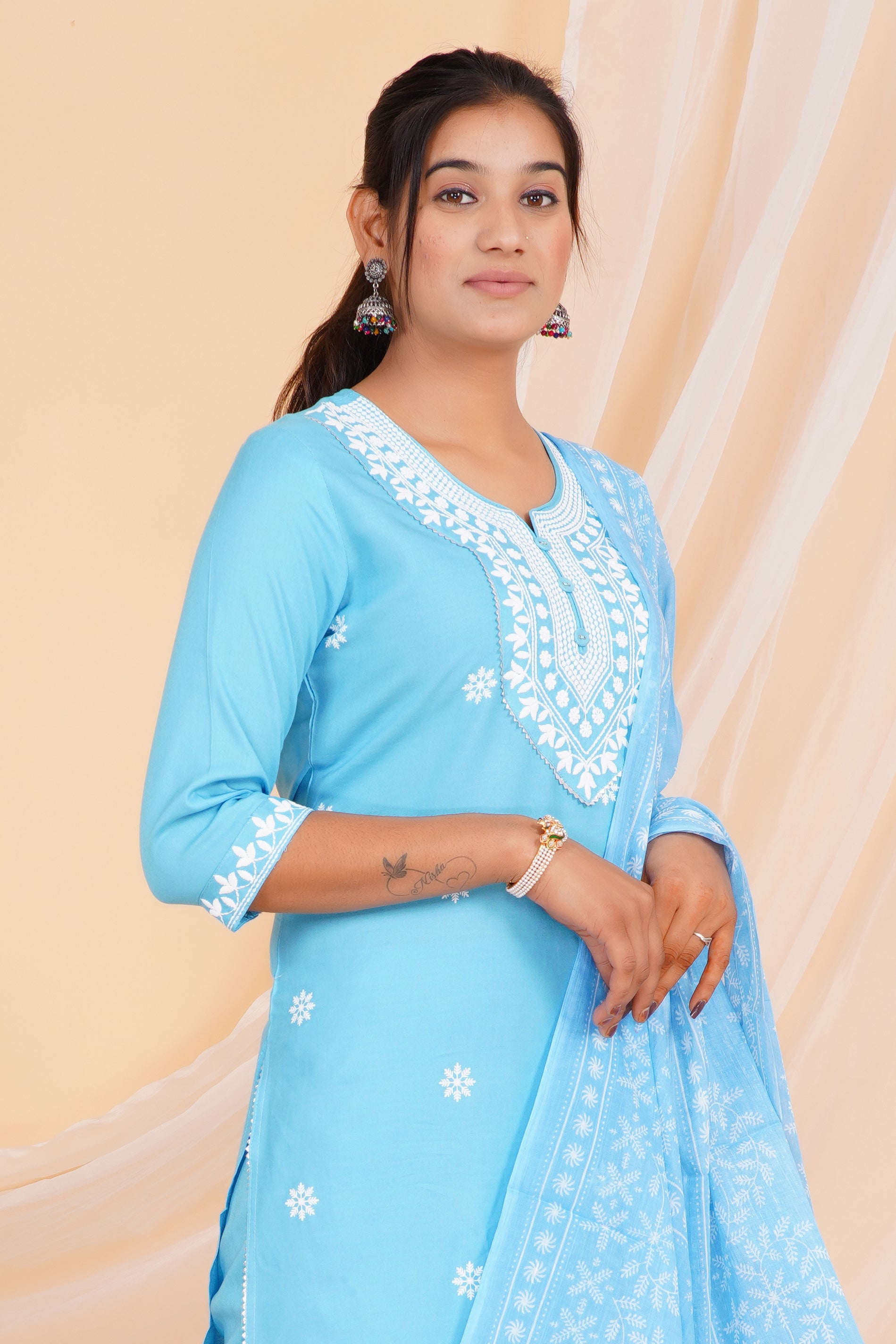 Sky Blue Embroidery Premium cotton Printed Kurti Pant Dupatta Set