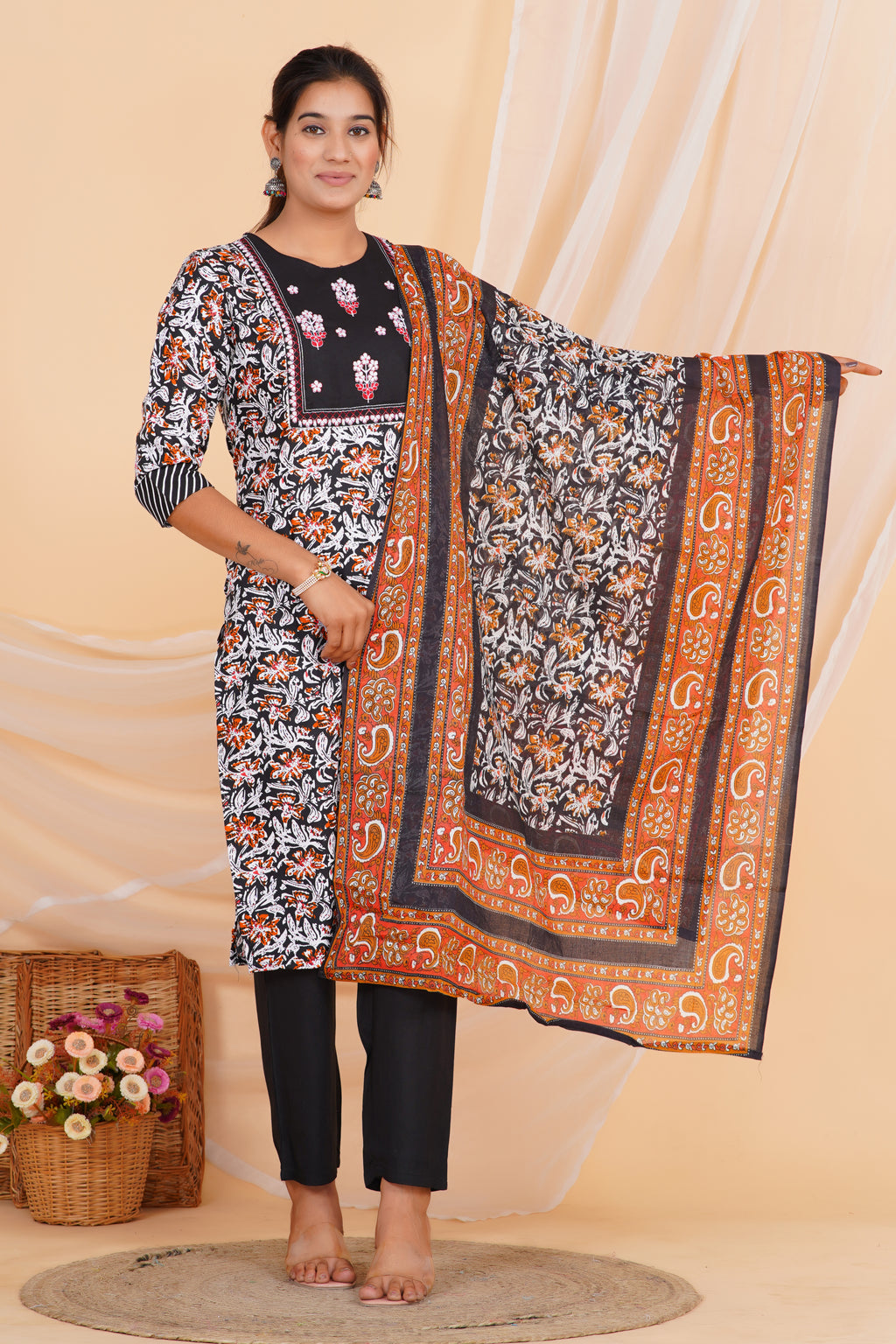 Kalamkari Premium cotton Printed Kurti Pant Dupatta Set