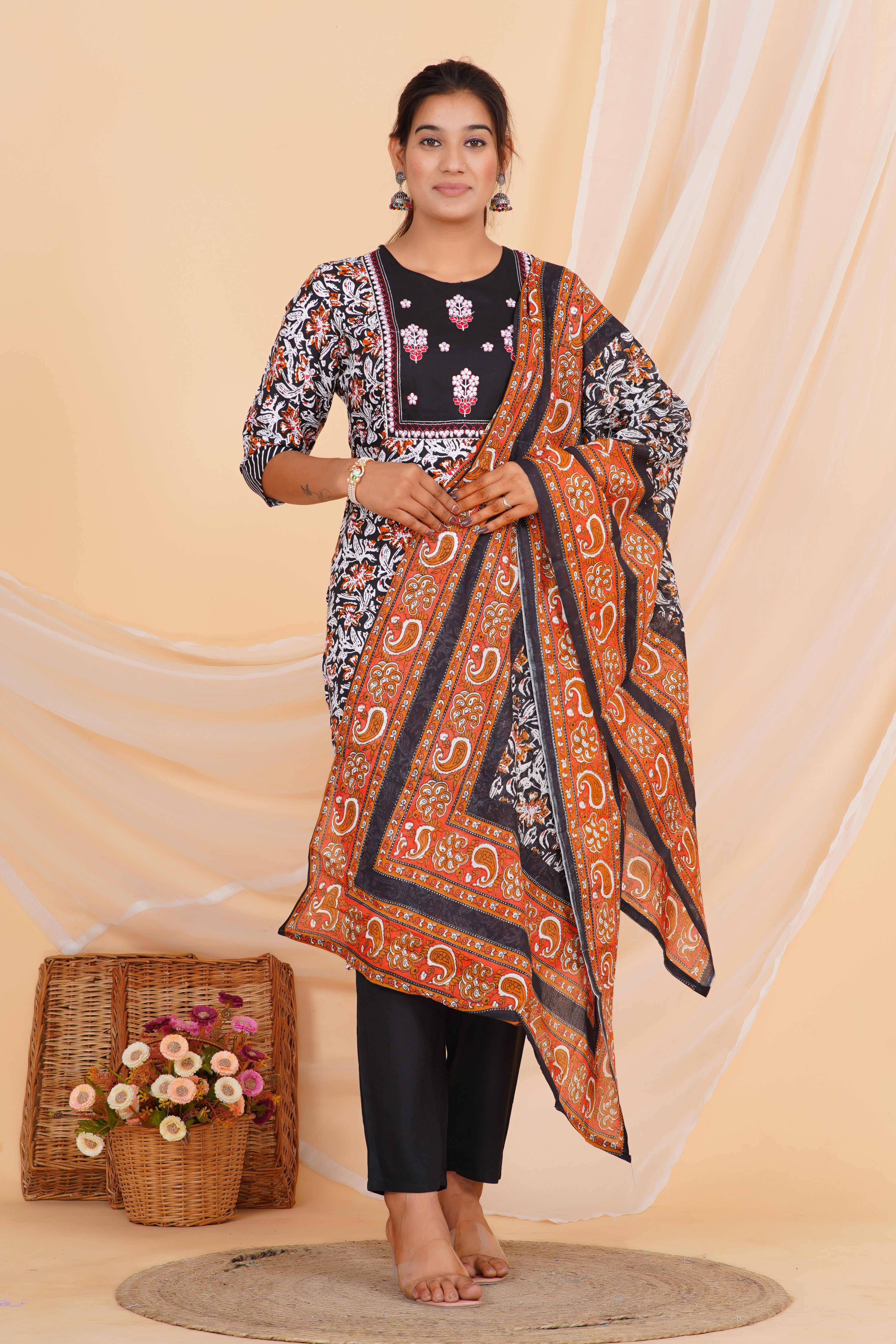 Kalamkari Premium cotton Printed Kurti Pant Dupatta Set