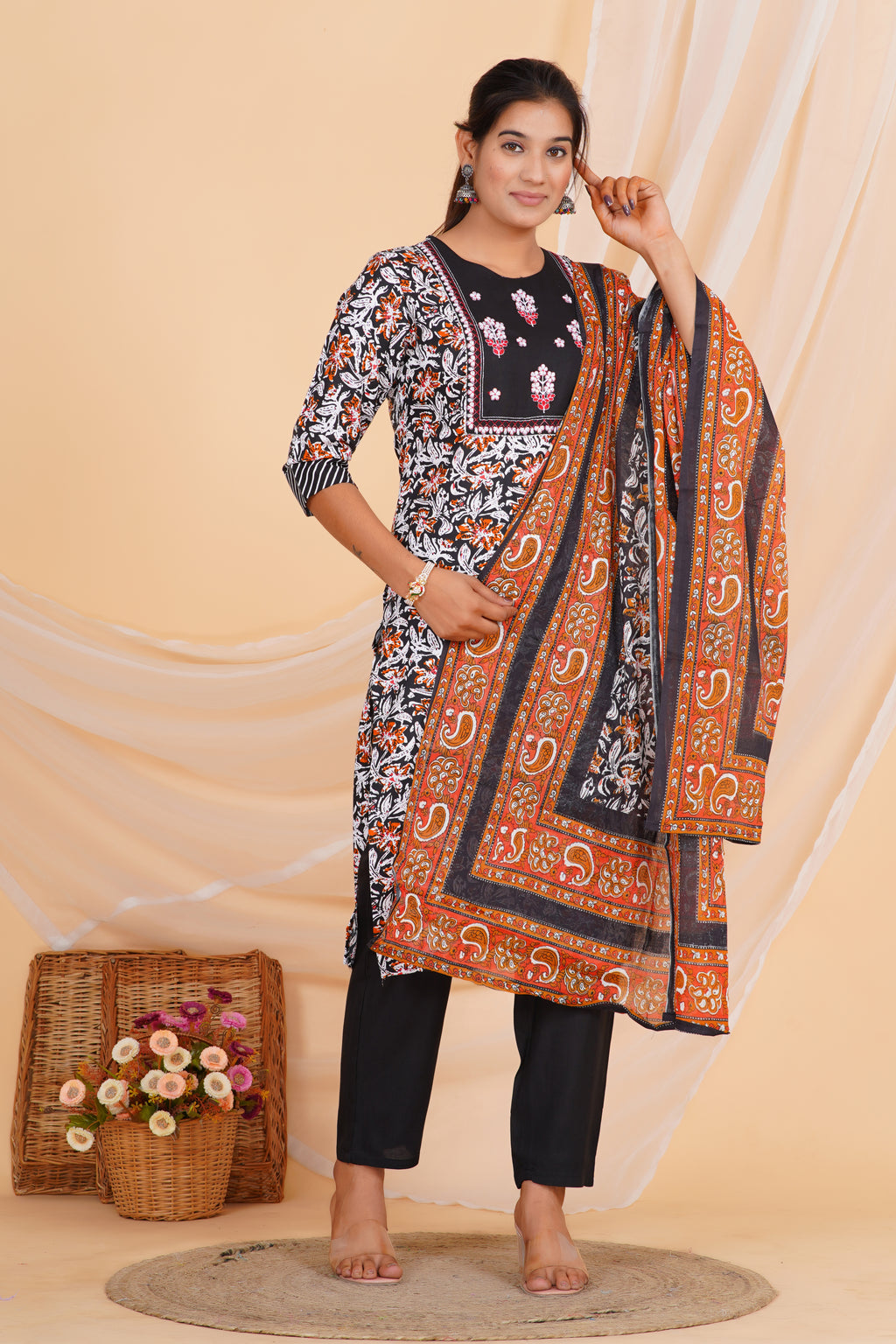 Kalamkari Premium cotton Printed Kurti Pant Dupatta Set