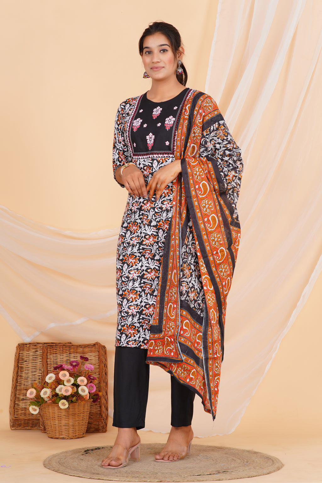 Kalamkari Premium cotton Printed Kurti Pant Dupatta Set
