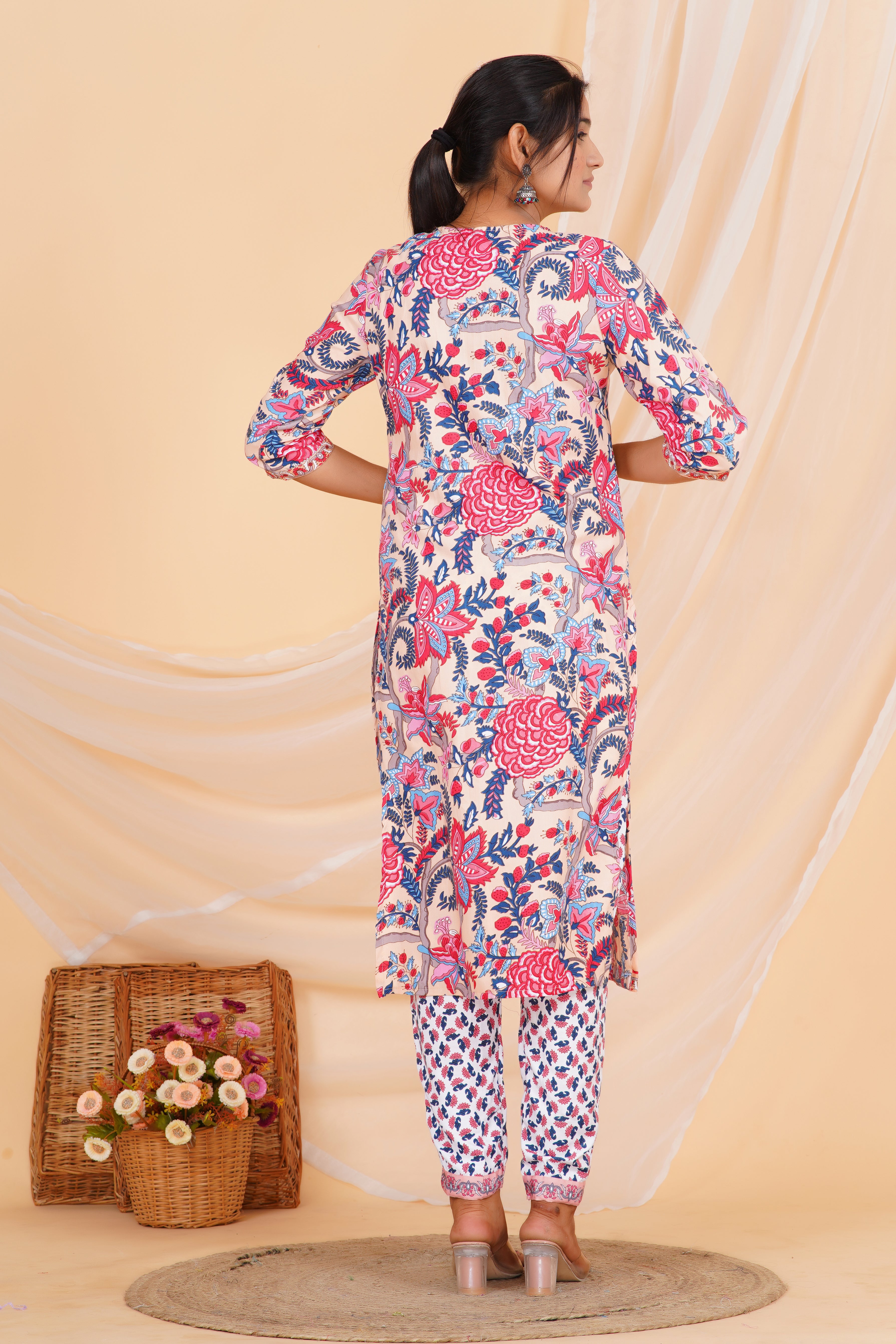 Peach Tie Premium cotton Printed Kurti Pant Dupatta Set