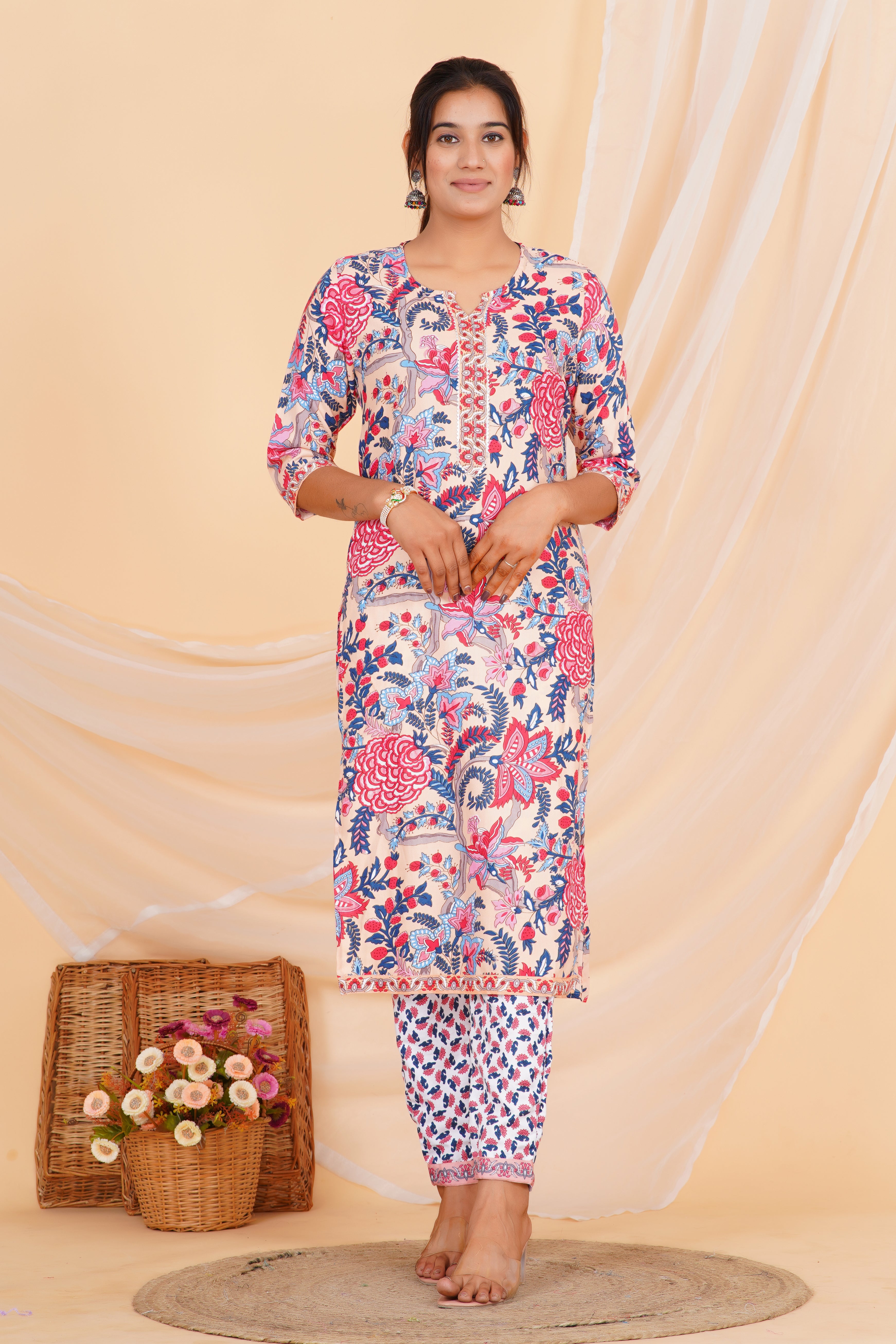 Peach Tie Premium cotton Printed Kurti Pant Dupatta Set