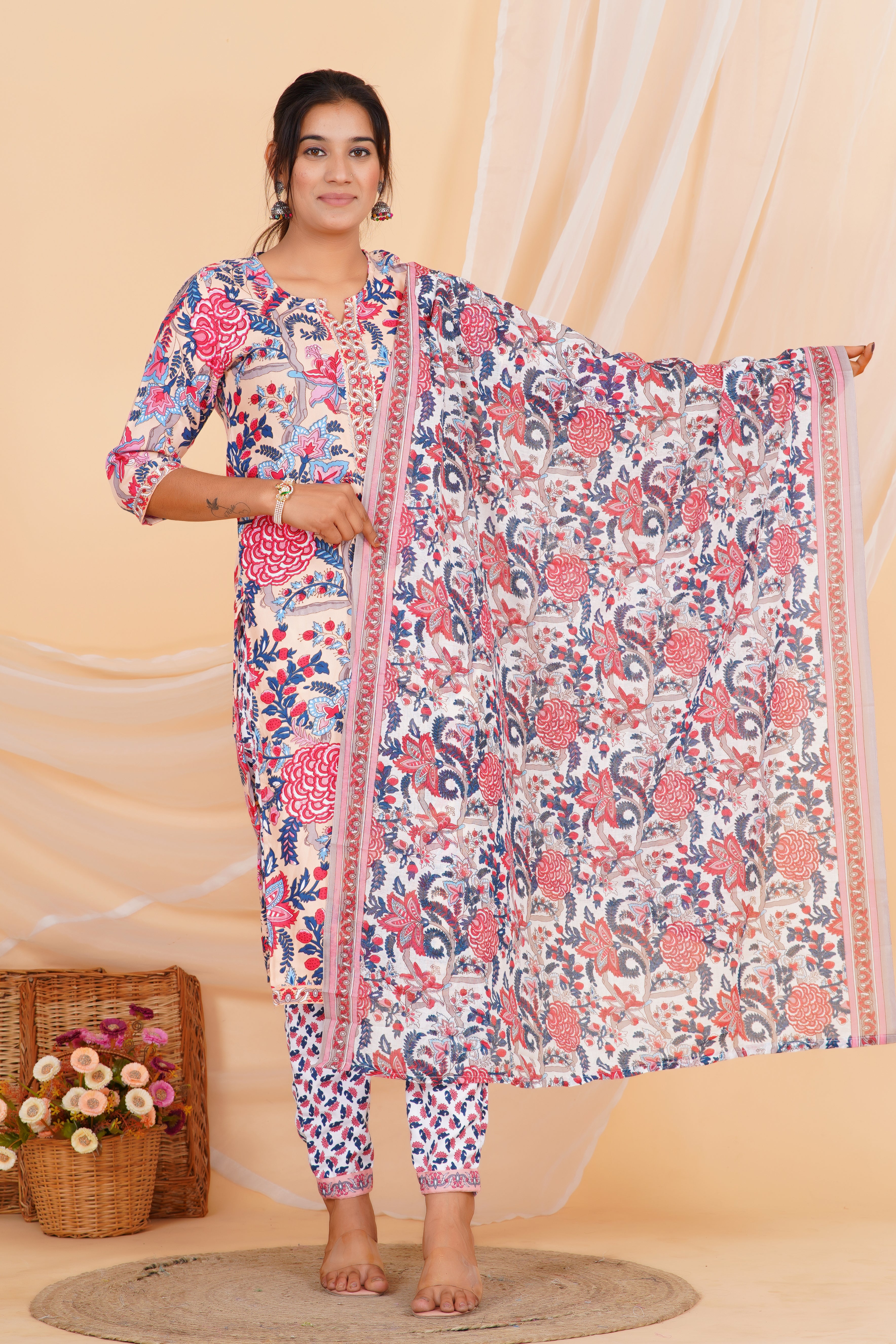 Peach Tie Premium cotton Printed Kurti Pant Dupatta Set