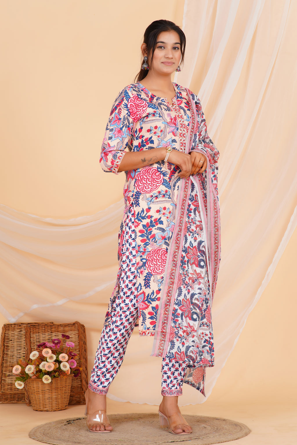 Peach Tie Premium cotton Printed Kurti Pant Dupatta Set