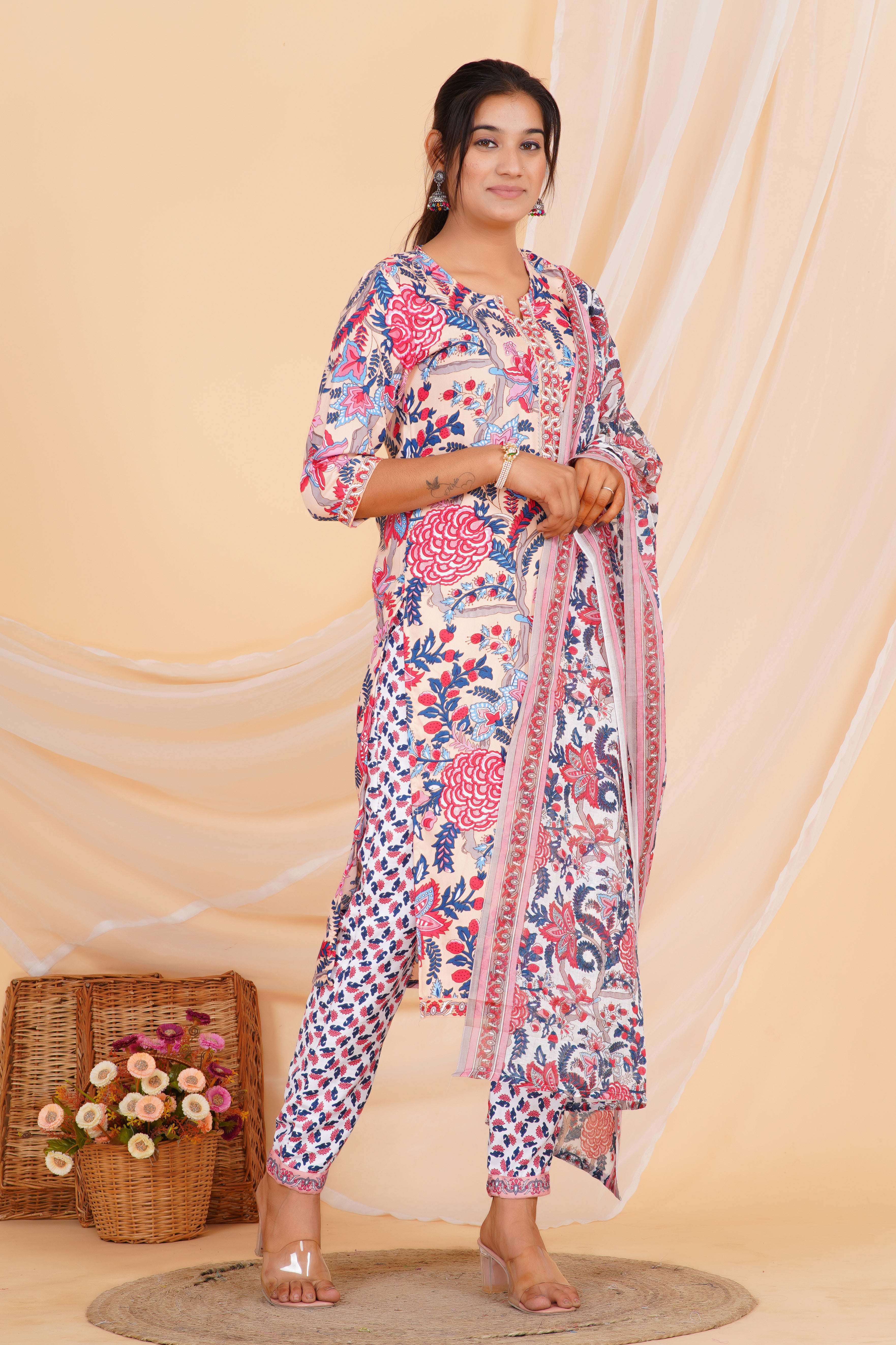 Peach Tie Premium cotton Printed Kurti Pant Dupatta Set