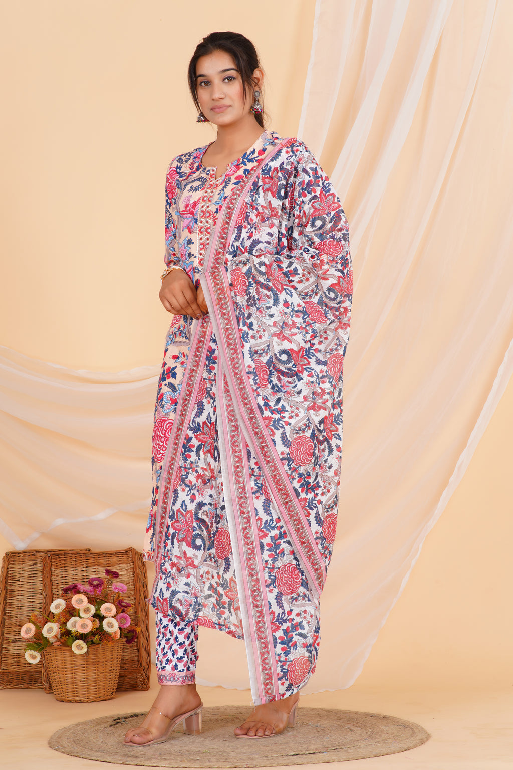 Peach Tie Premium cotton Printed Kurti Pant Dupatta Set