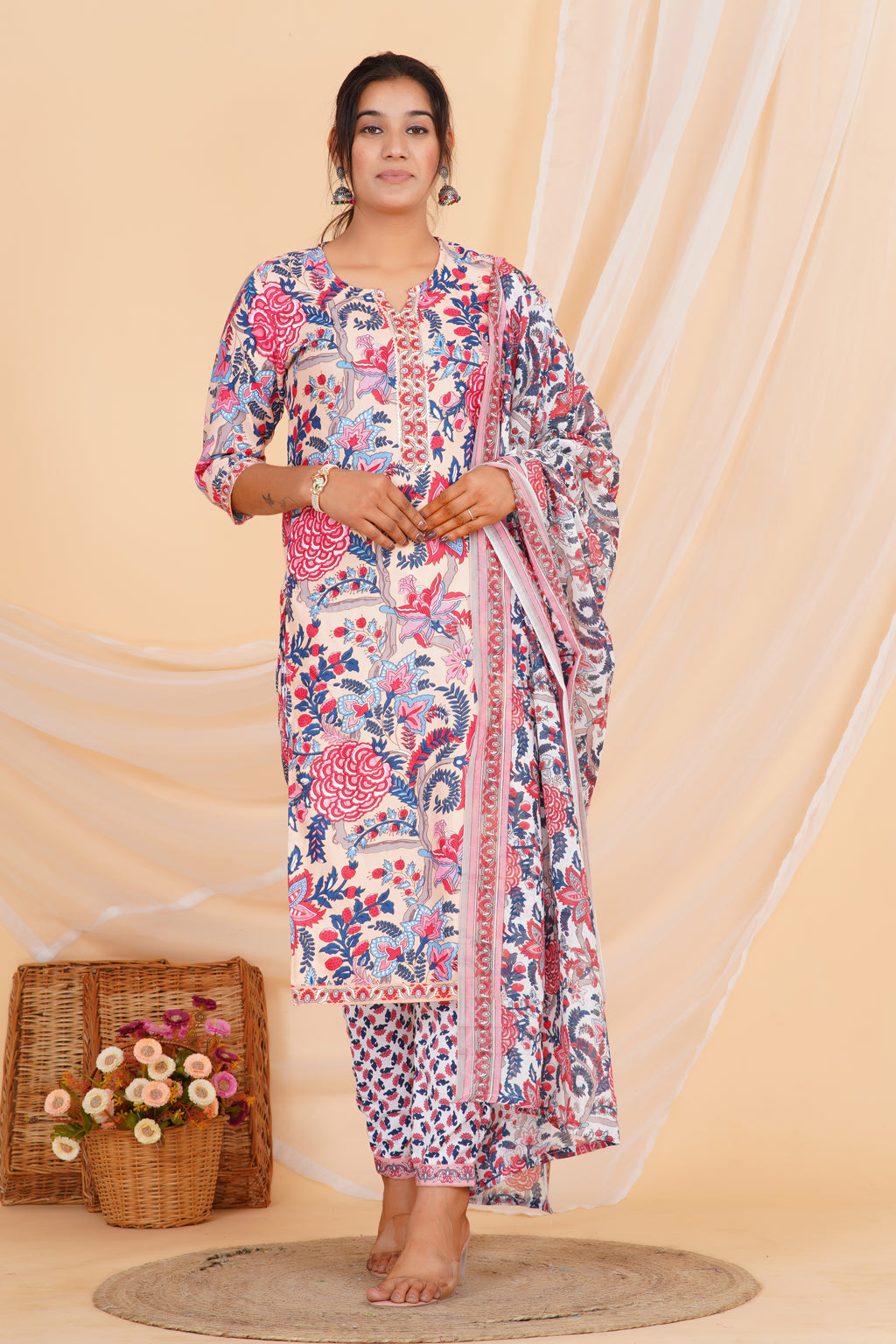 Peach Tie Premium cotton Printed Kurti Pant Dupatta Set