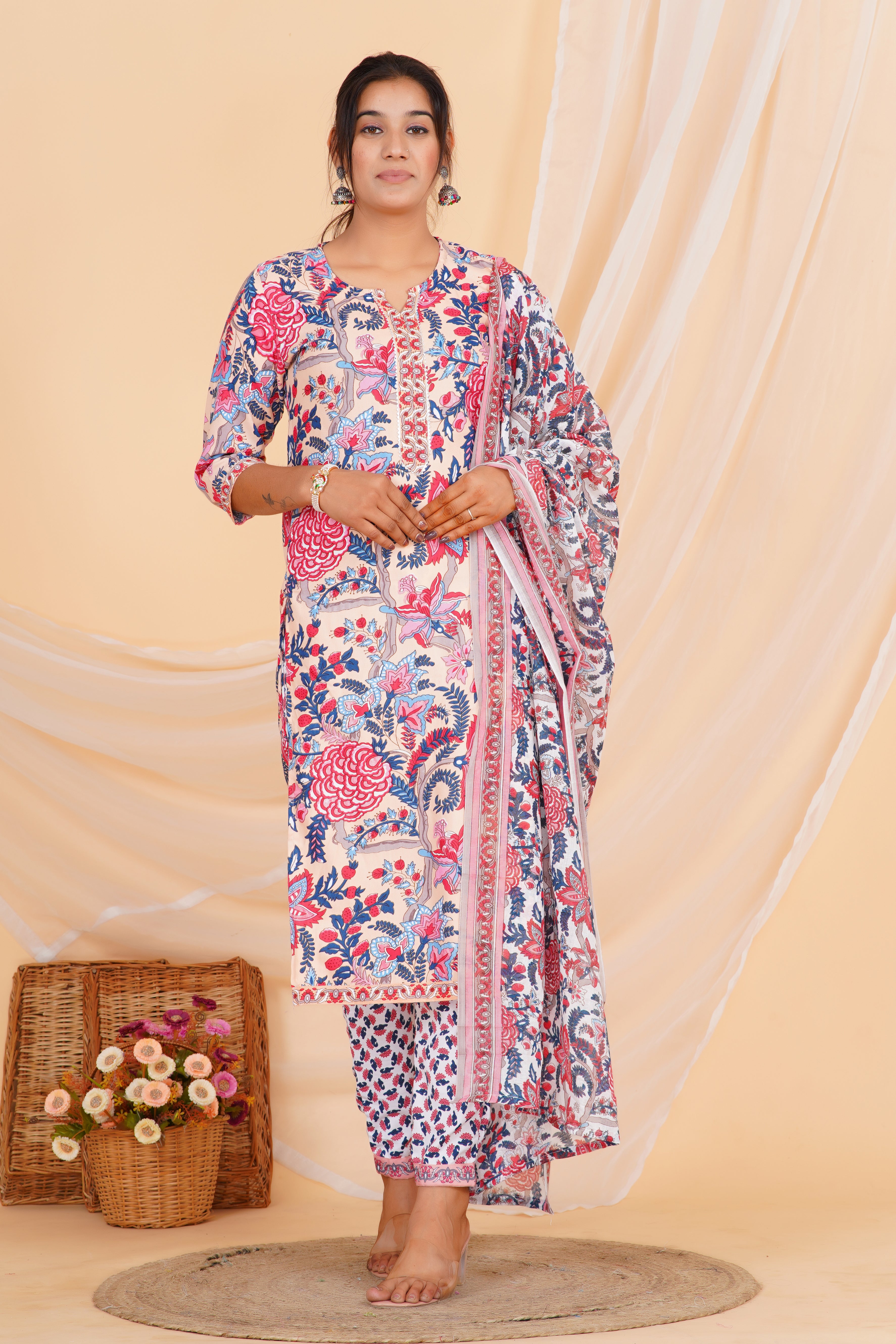 Peach Tie Premium cotton Printed Kurti Pant Dupatta Set
