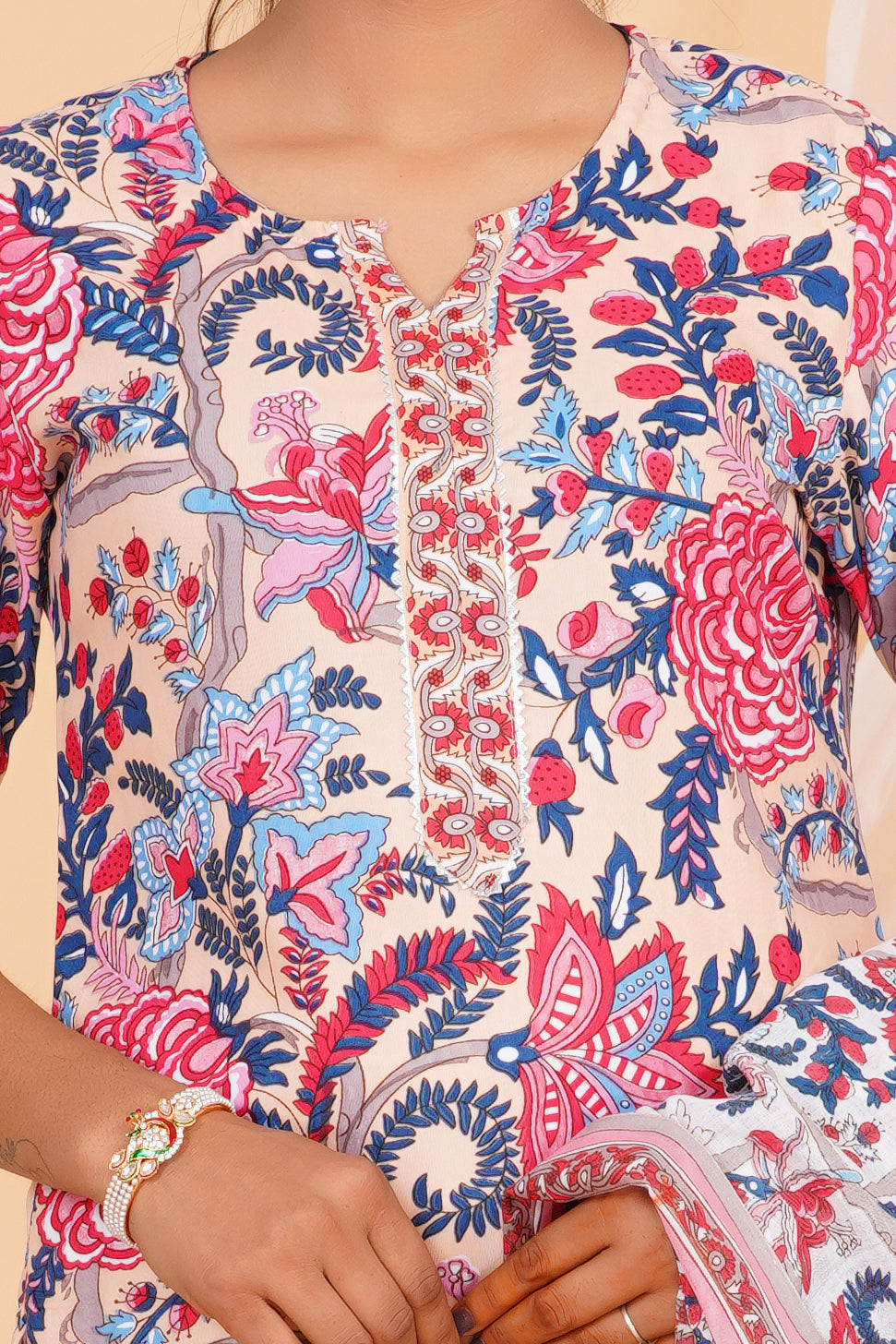 Peach Tie Premium cotton Printed Kurti Pant Dupatta Set