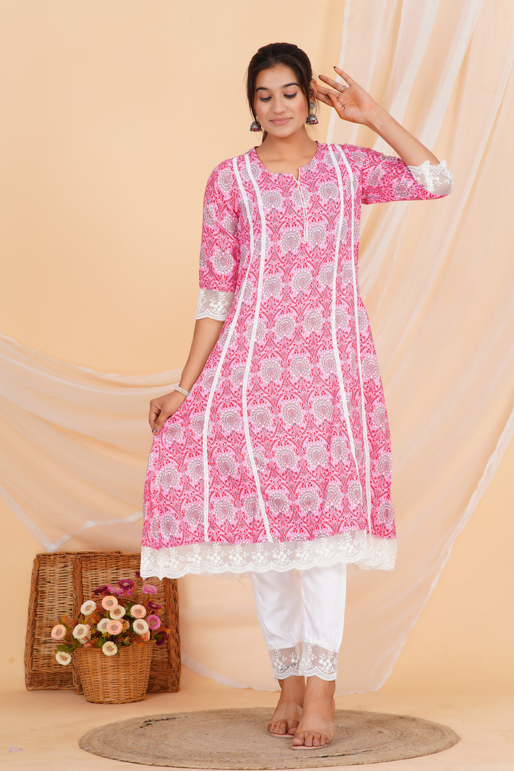 Nelace Premium cotton Printed Kurti Pant Dupatta Set