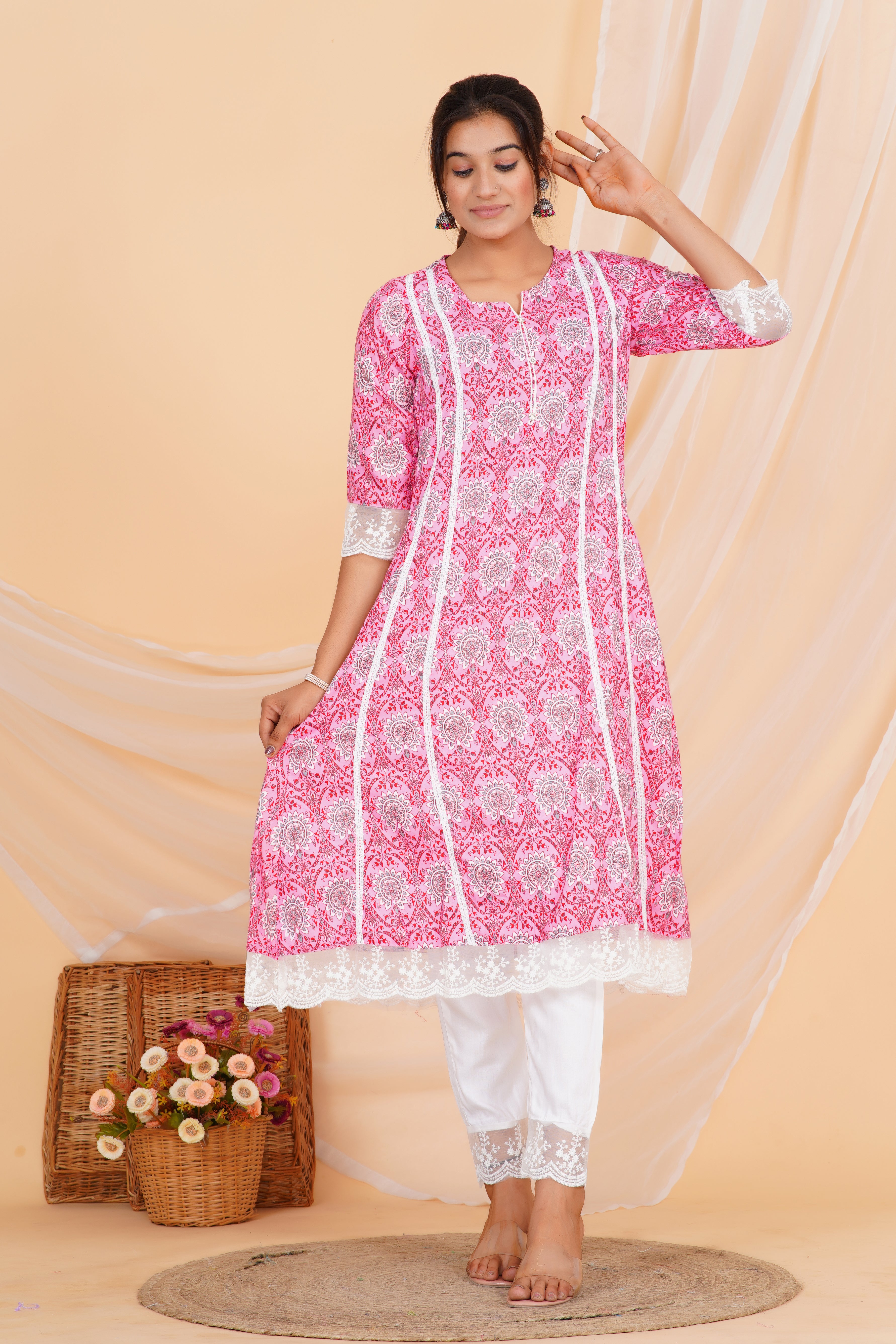 Nelace Premium cotton Printed Kurti Pant Dupatta Set