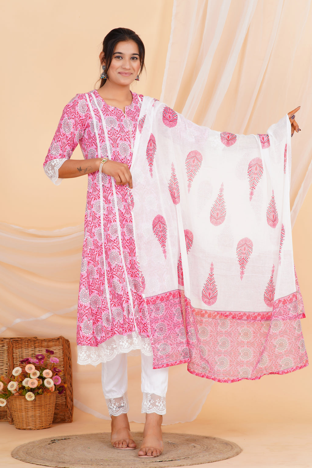 Nelace Premium cotton Printed Kurti Pant Dupatta Set