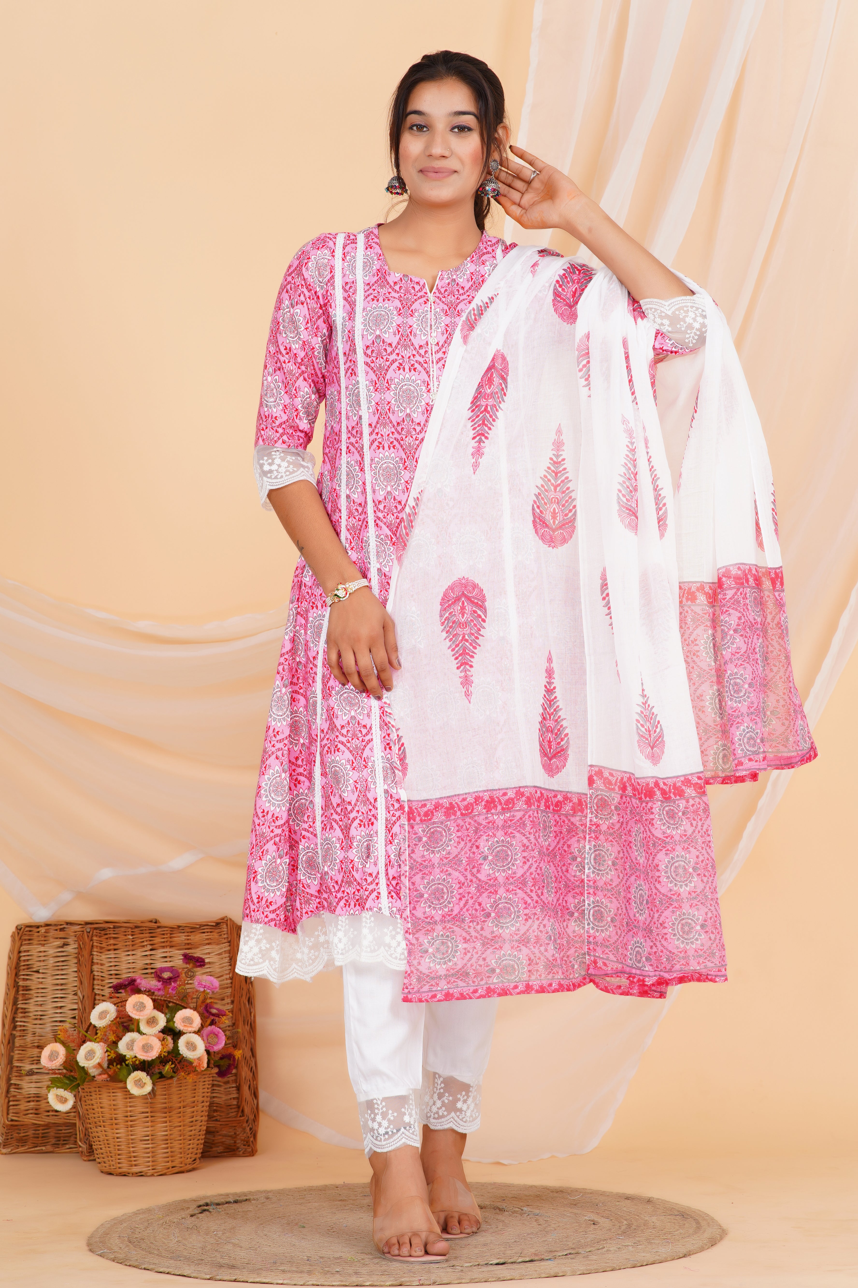 Nelace Premium cotton Printed Kurti Pant Dupatta Set