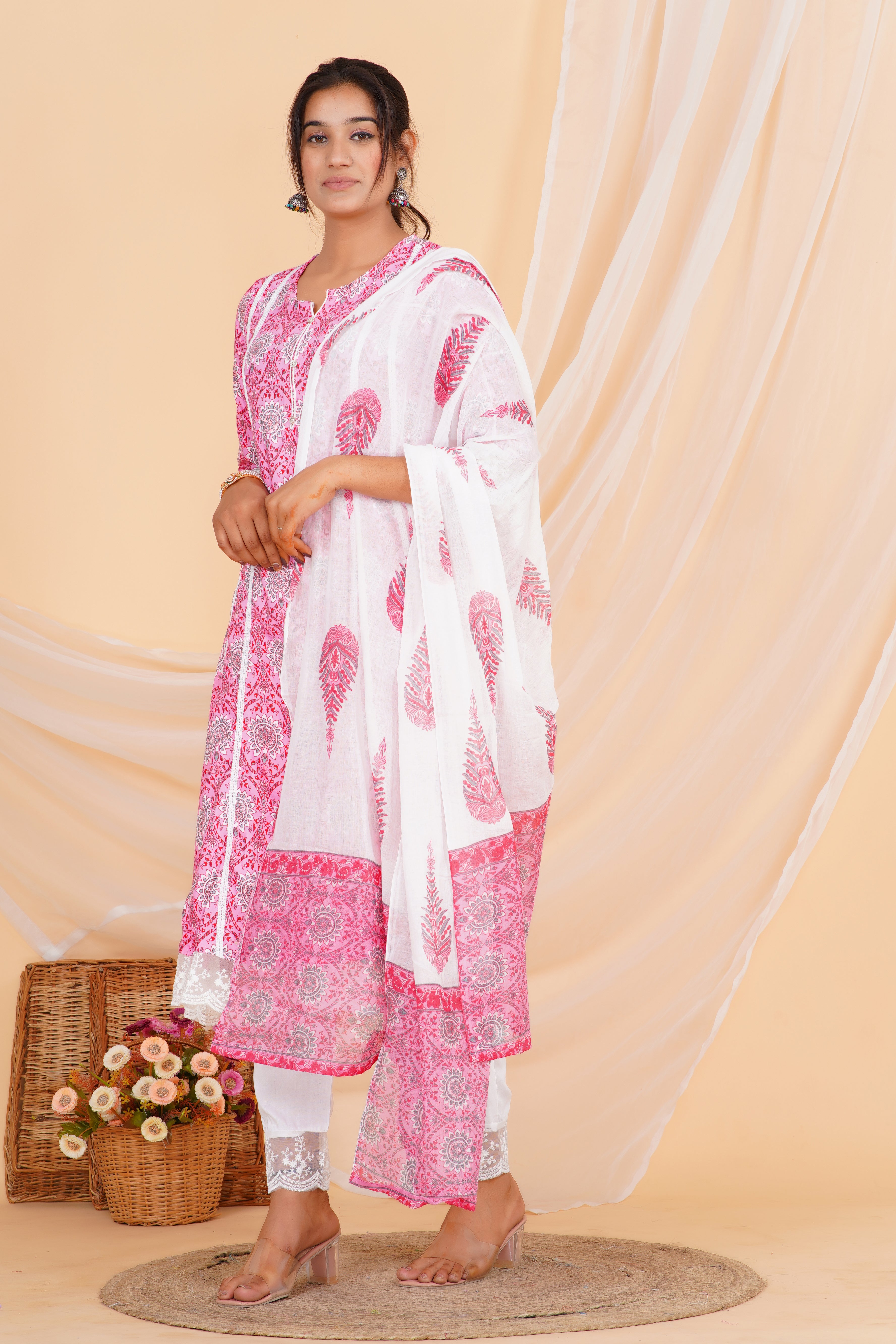 Nelace Premium cotton Printed Kurti Pant Dupatta Set