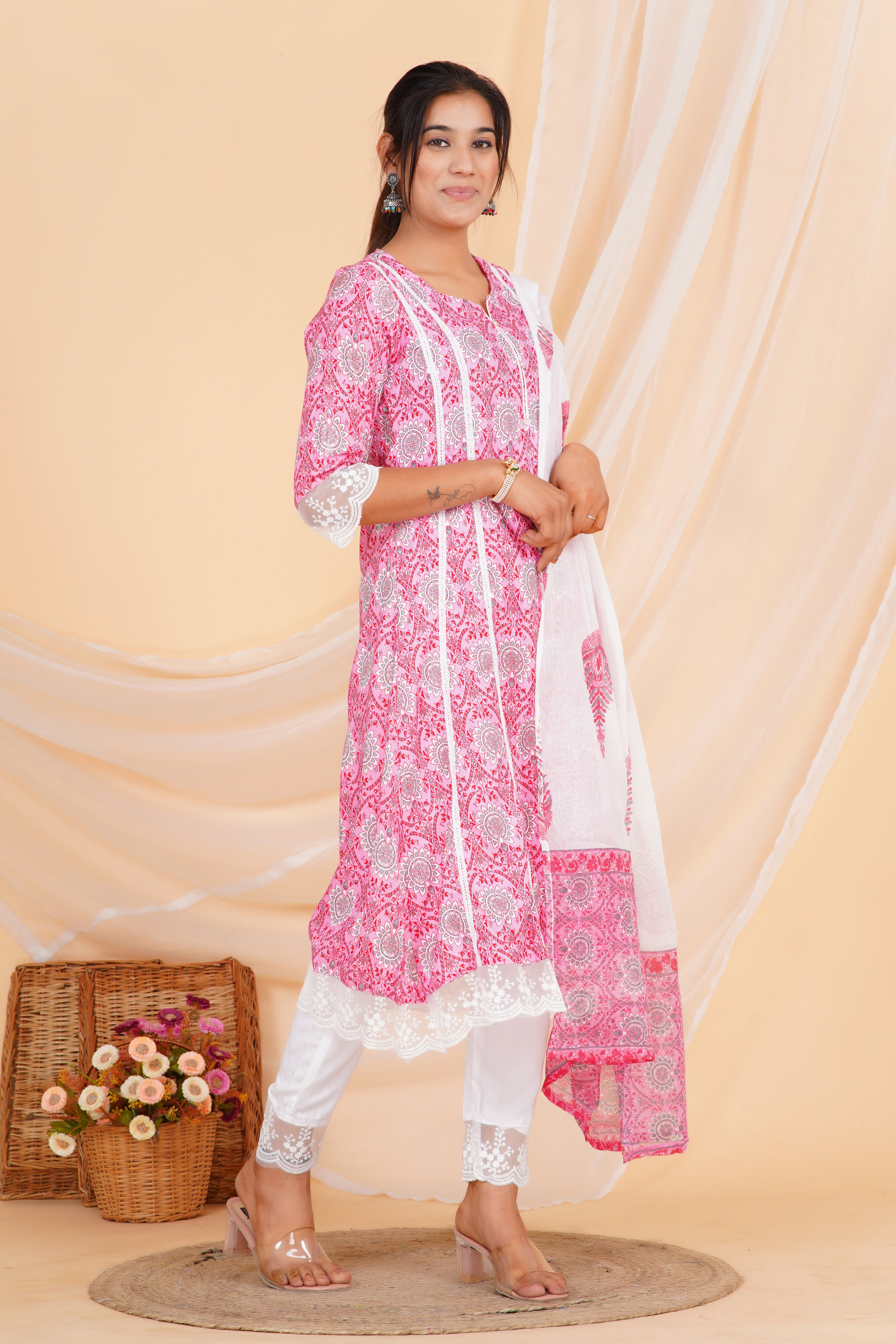 Nelace Premium cotton Printed Kurti Pant Dupatta Set