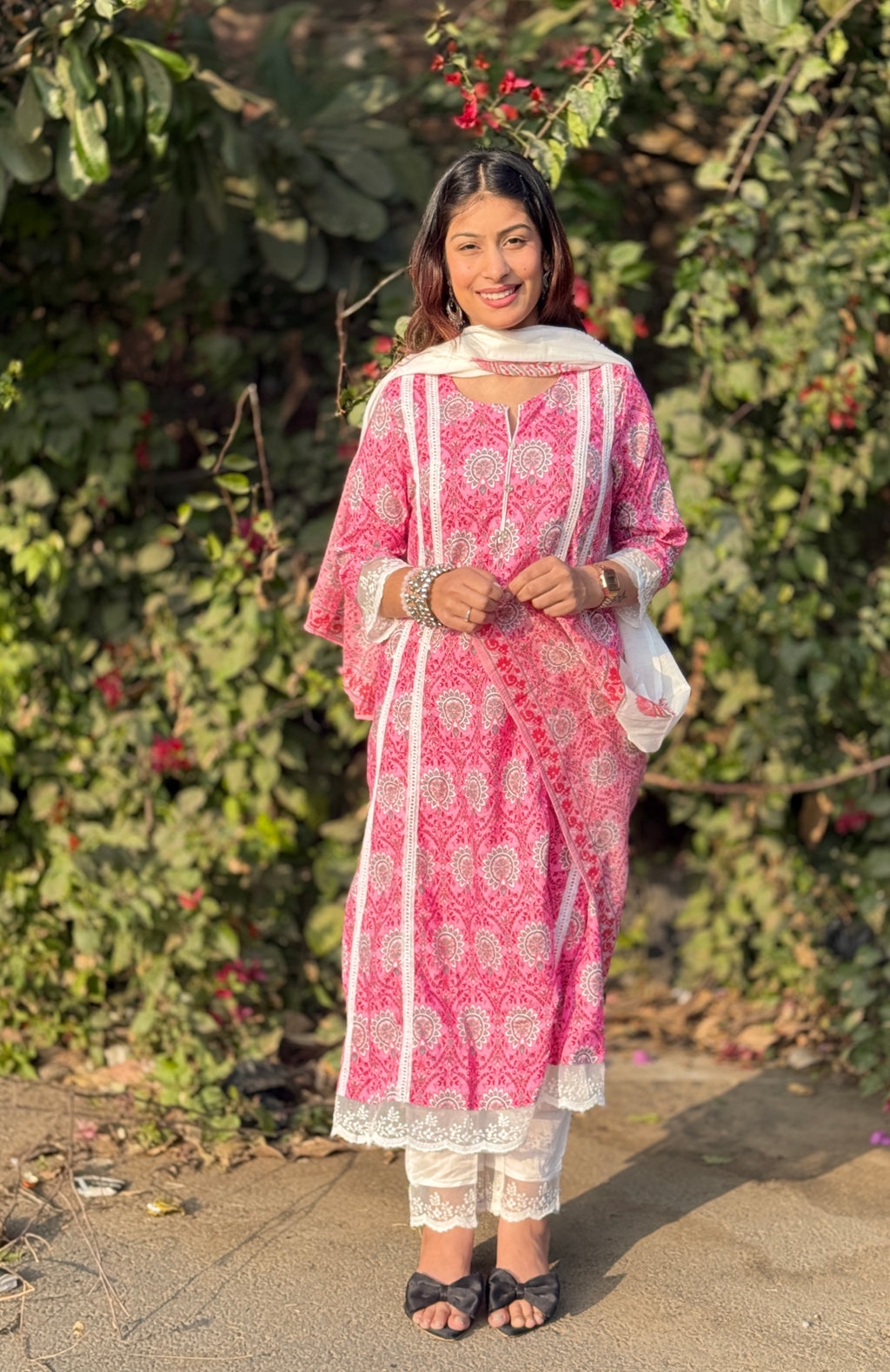 Pink Netlace Cotton 3-Piece Suit
