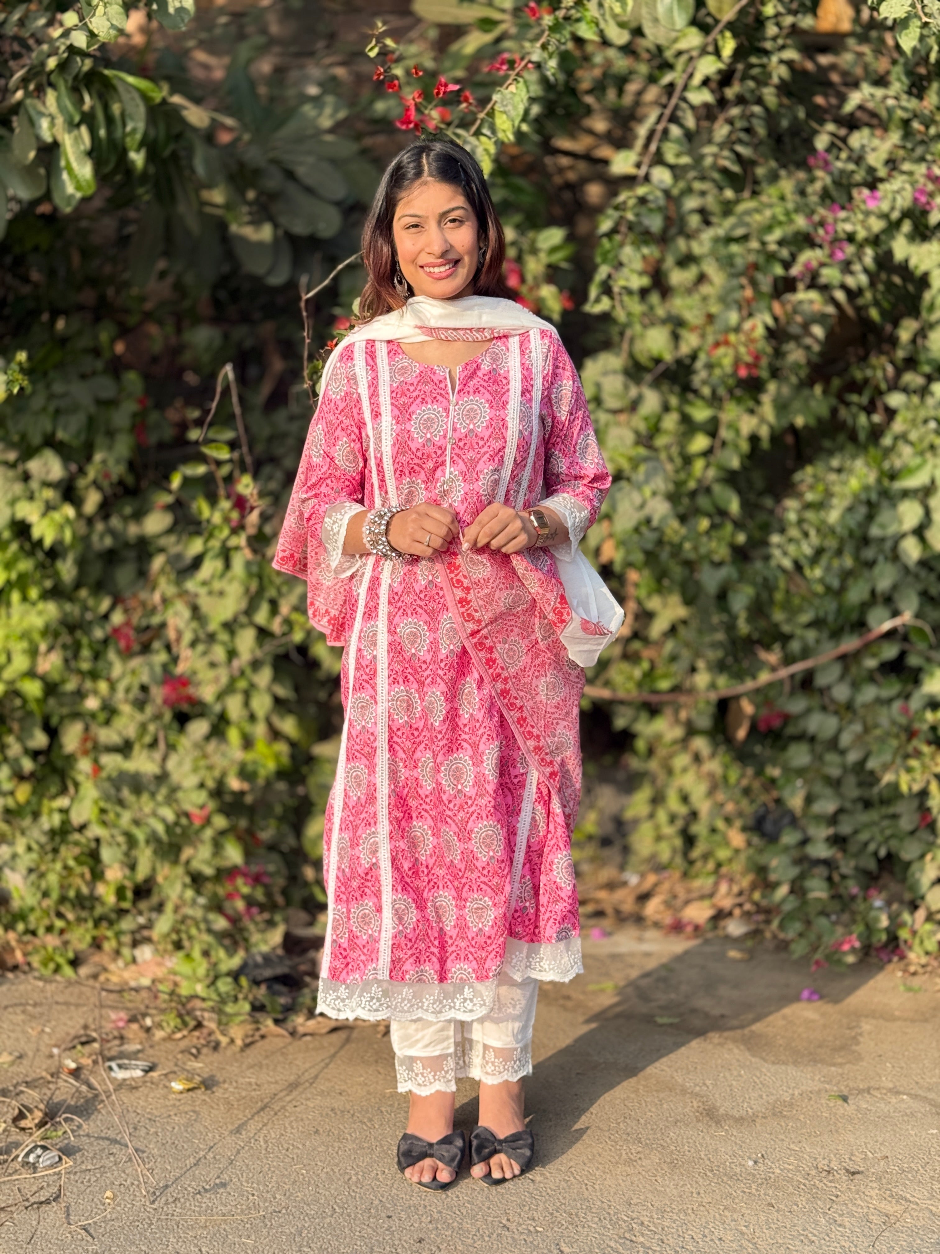 Pink Netlace Cotton 3-Piece Suit