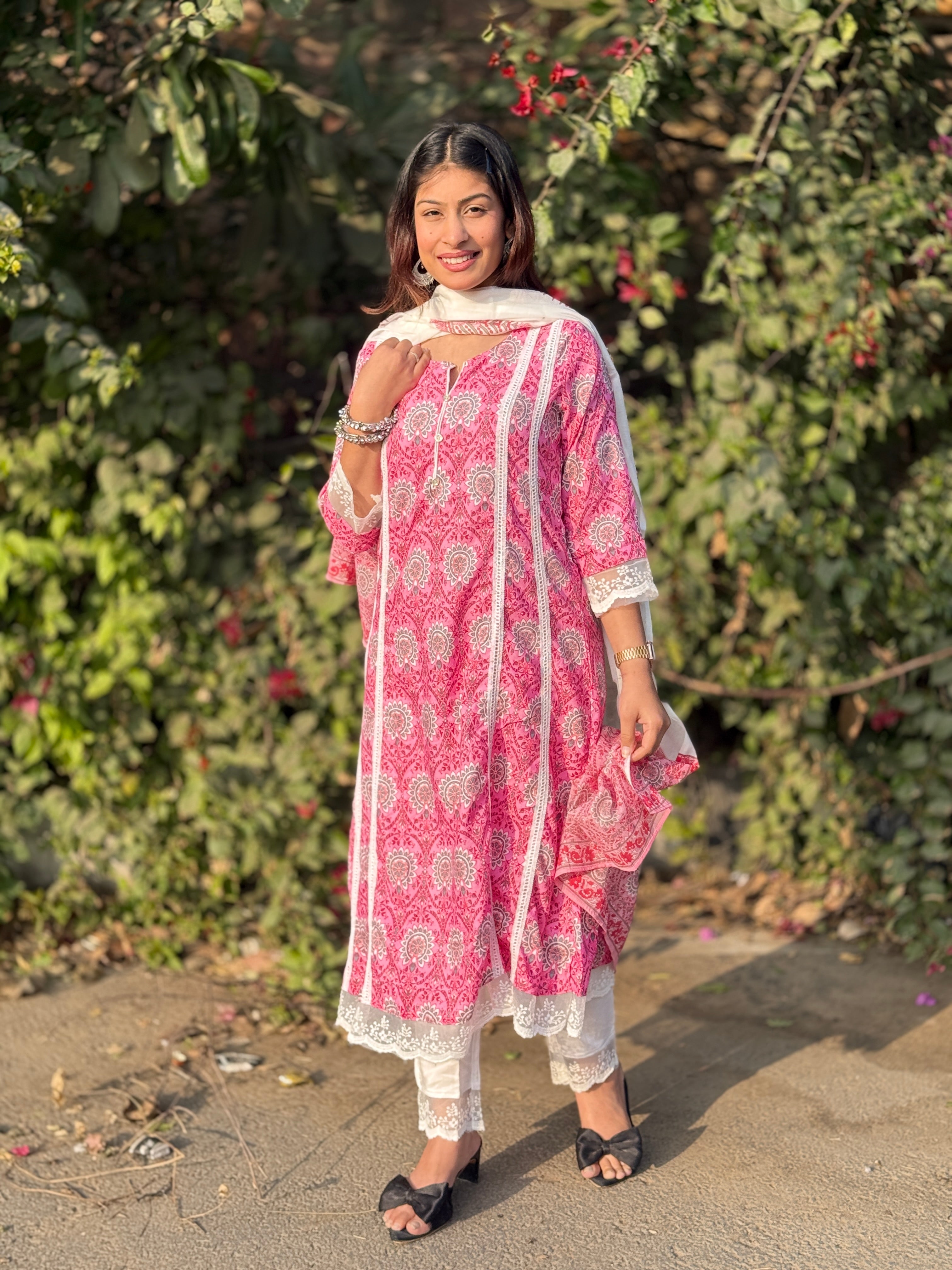 Pink Netlace Cotton 3-Piece Suit