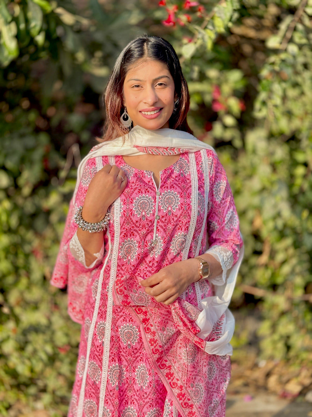 Pink Netlace Cotton 3-Piece Suit