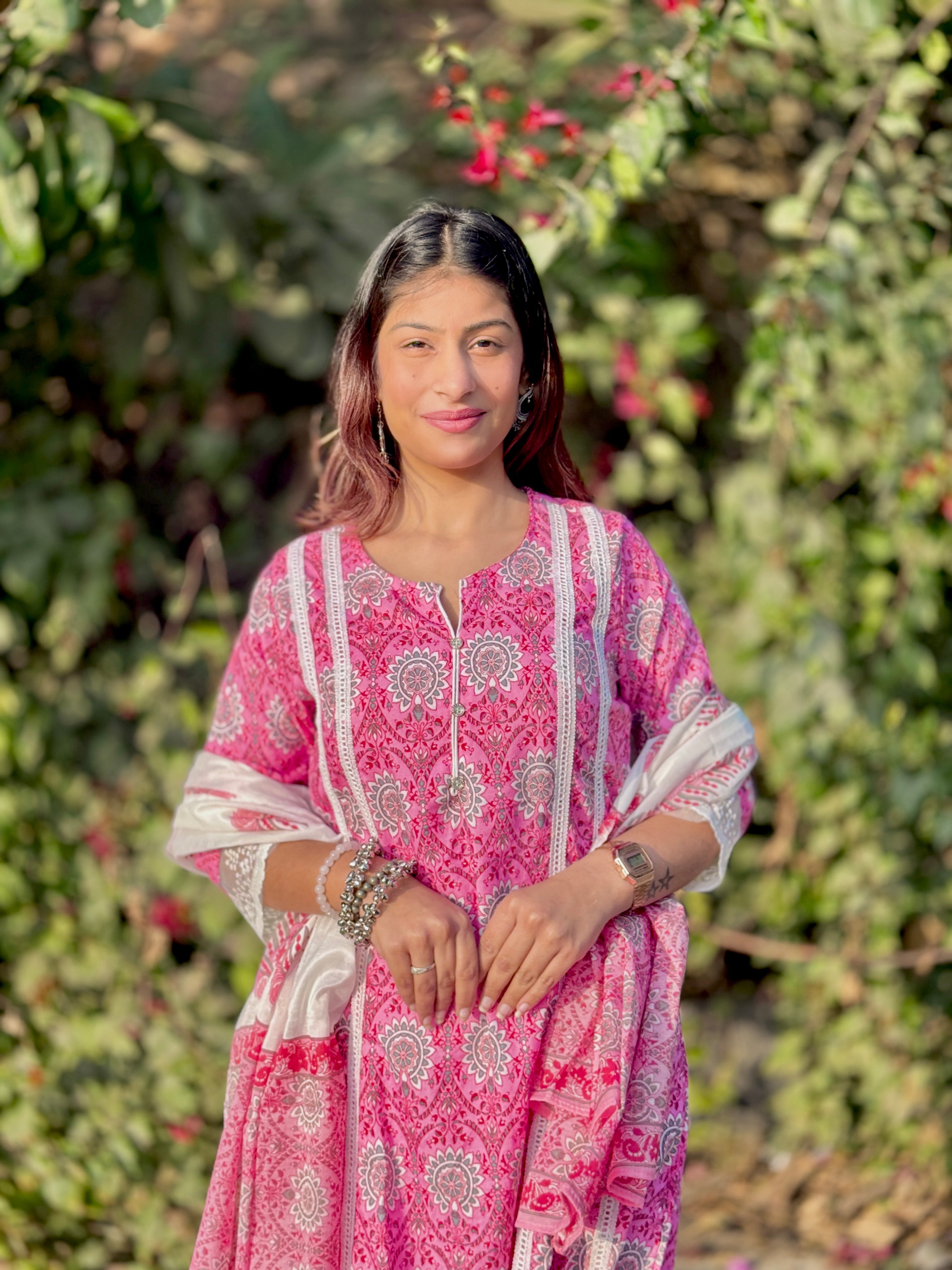 Pink Netlace Cotton 3-Piece Suit