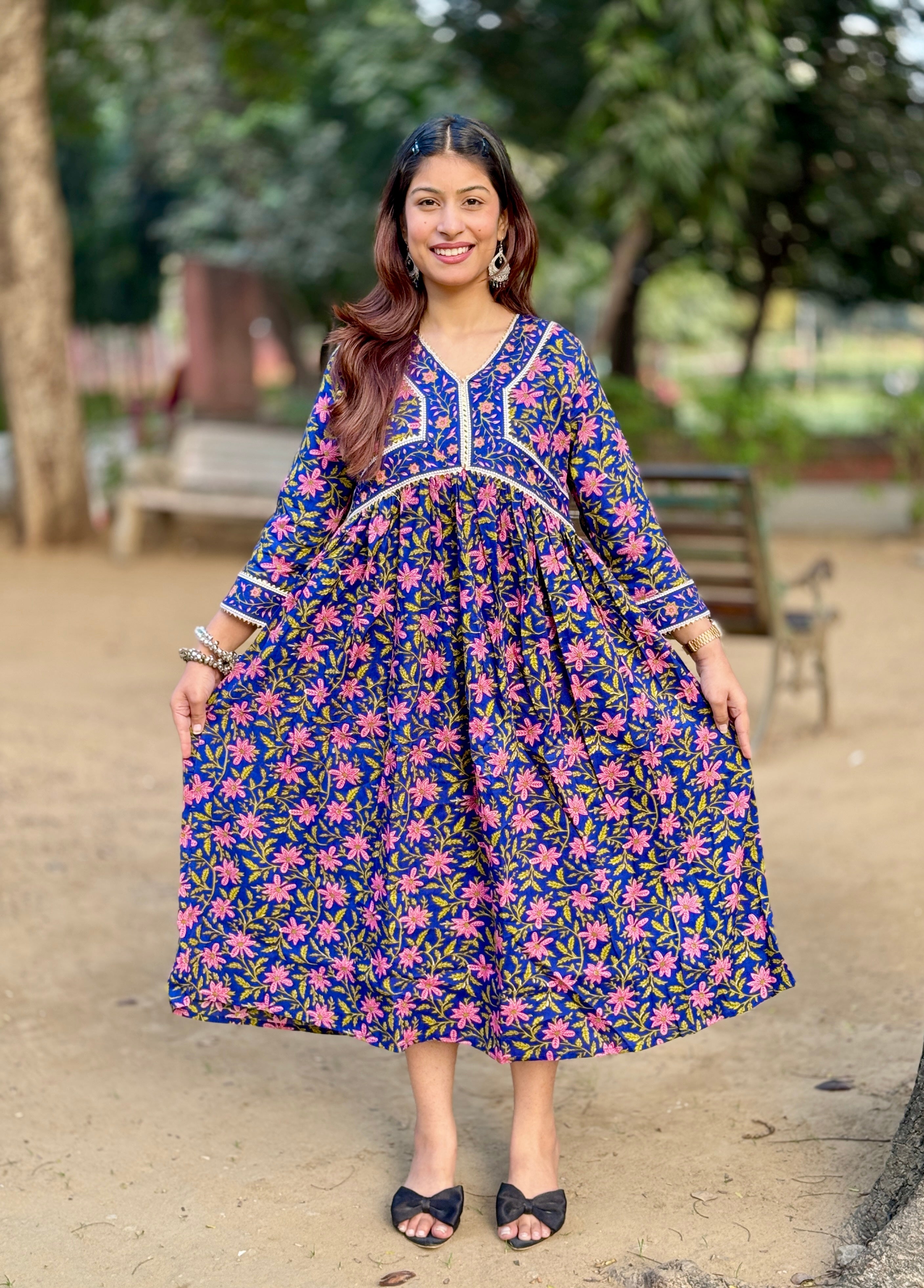 Blue Alia Cut Cotton Anarkali Set