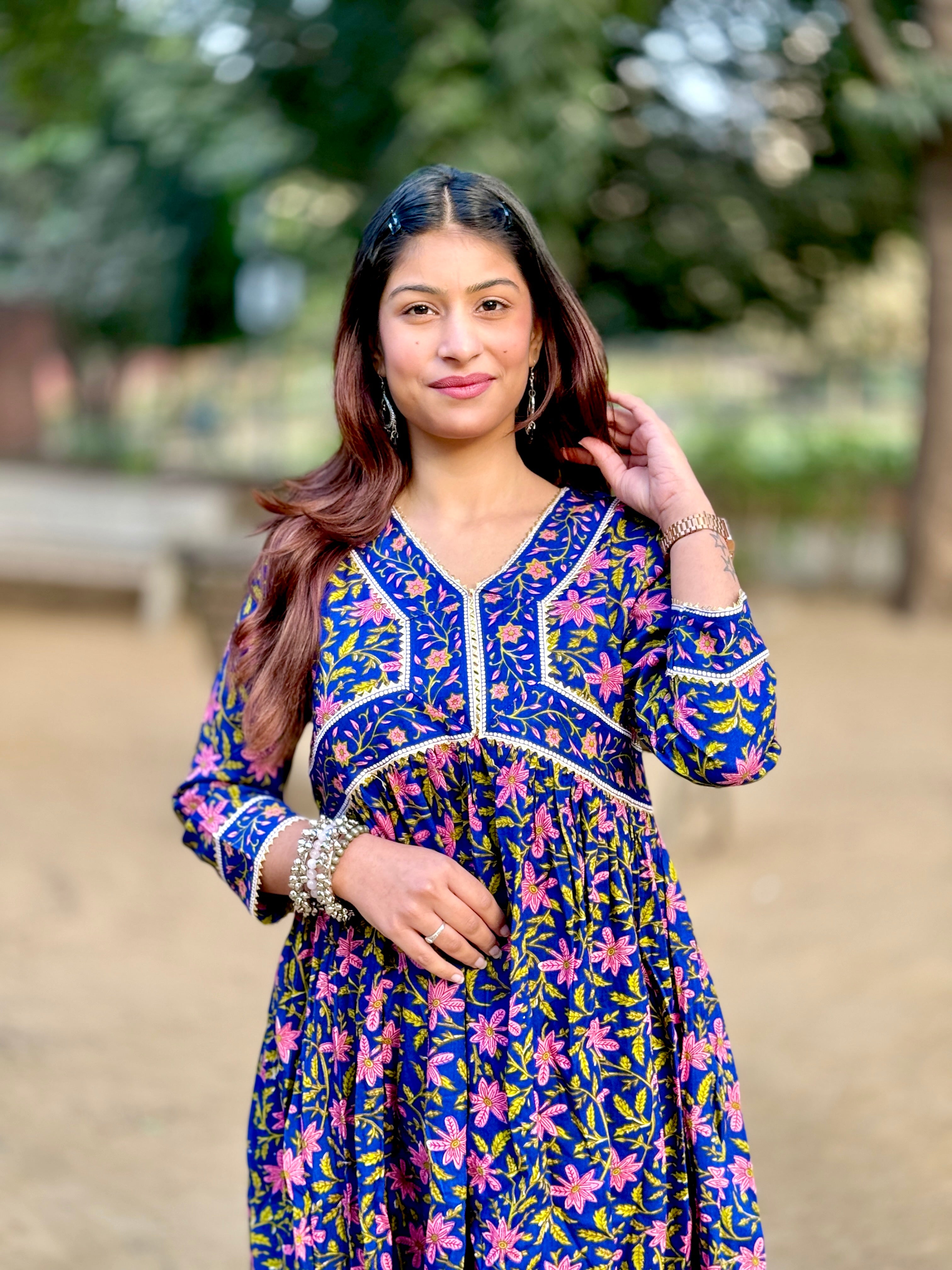 Blue Alia Cut Cotton Anarkali Set