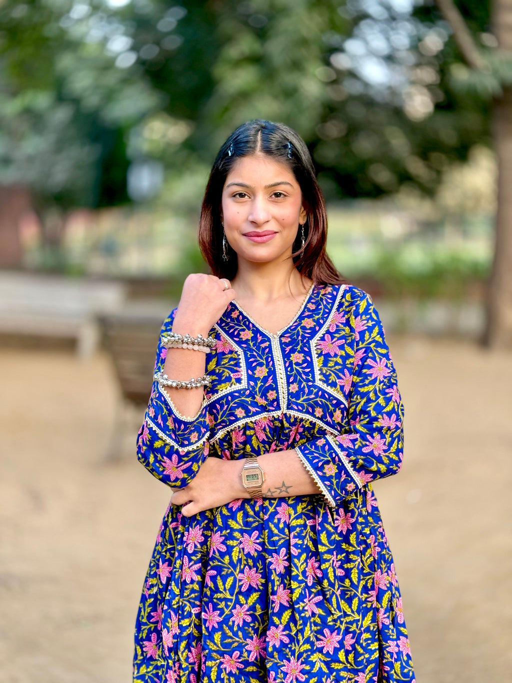 Blue Alia Cut Cotton Anarkali Set