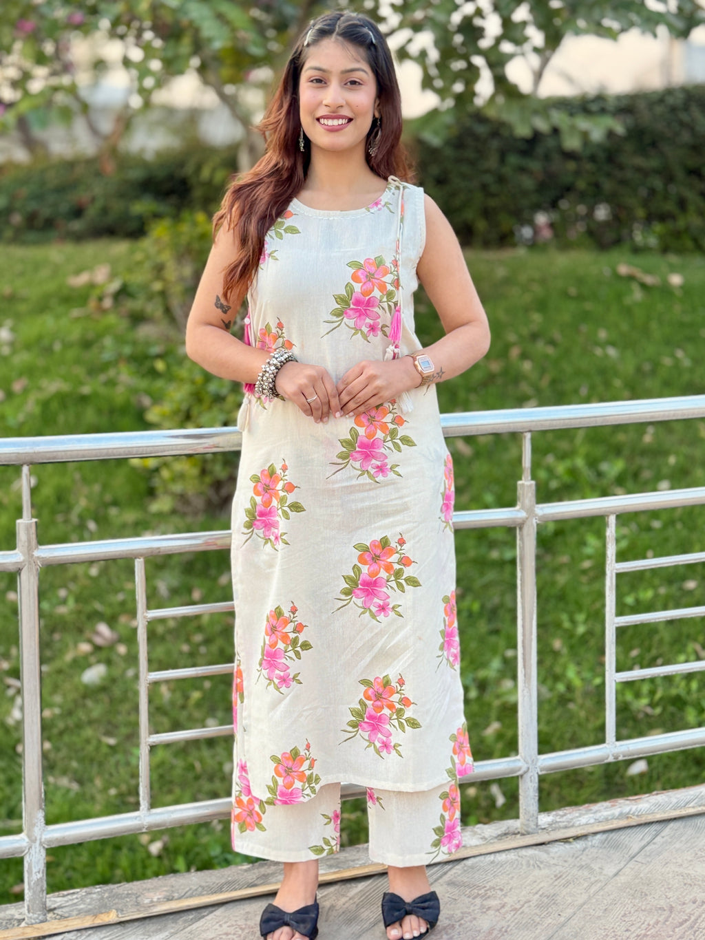 White Khadi Print Cotton Kurti Set