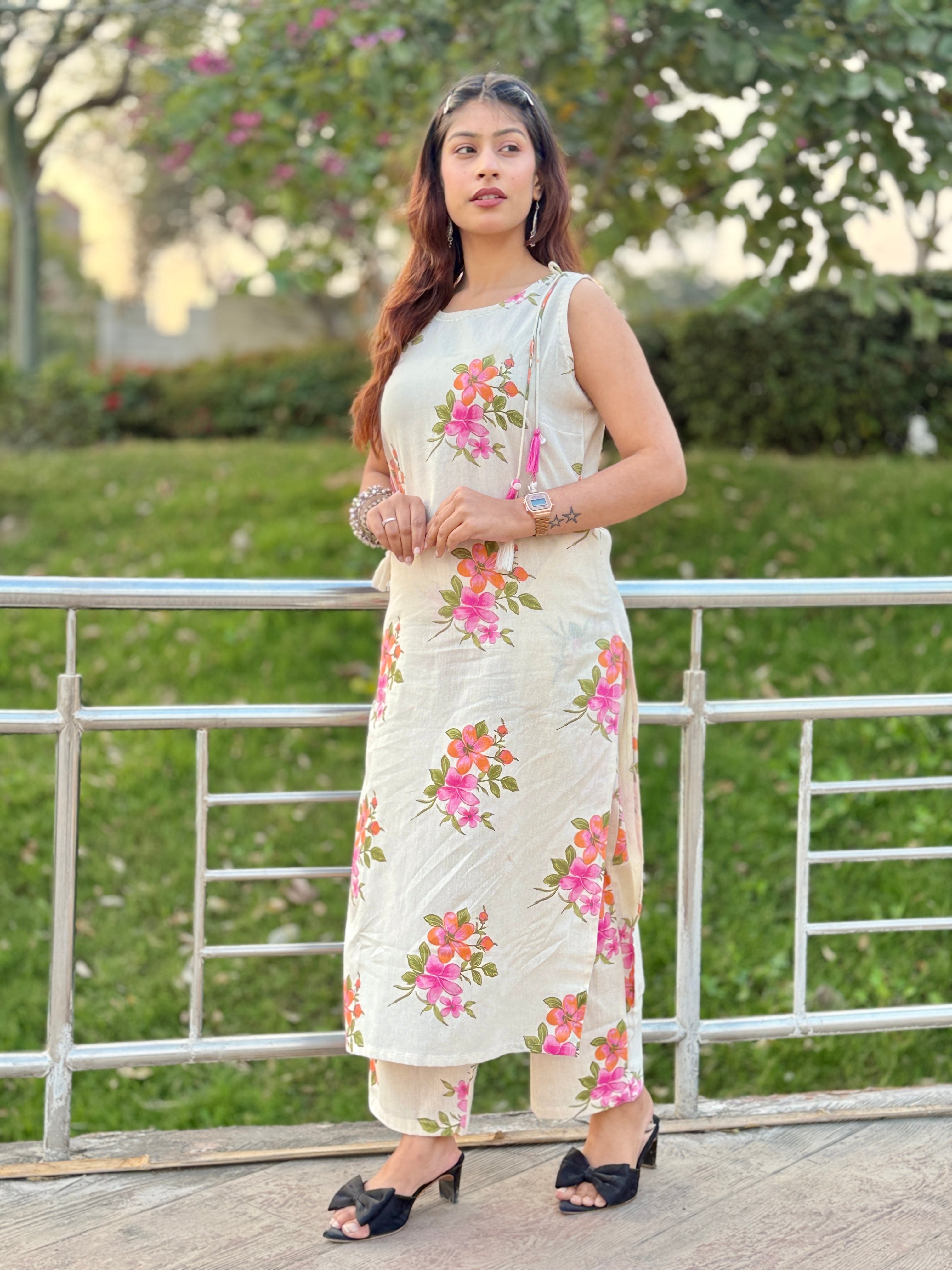 White Khadi Print Cotton Kurti Set