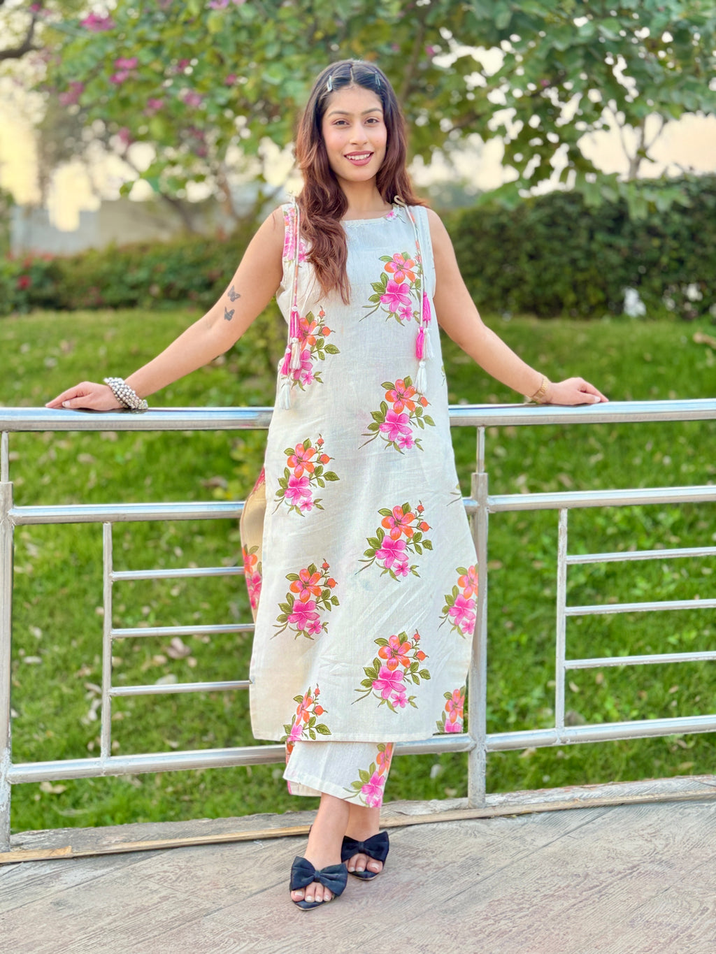 White Khadi Print Cotton Kurti Set