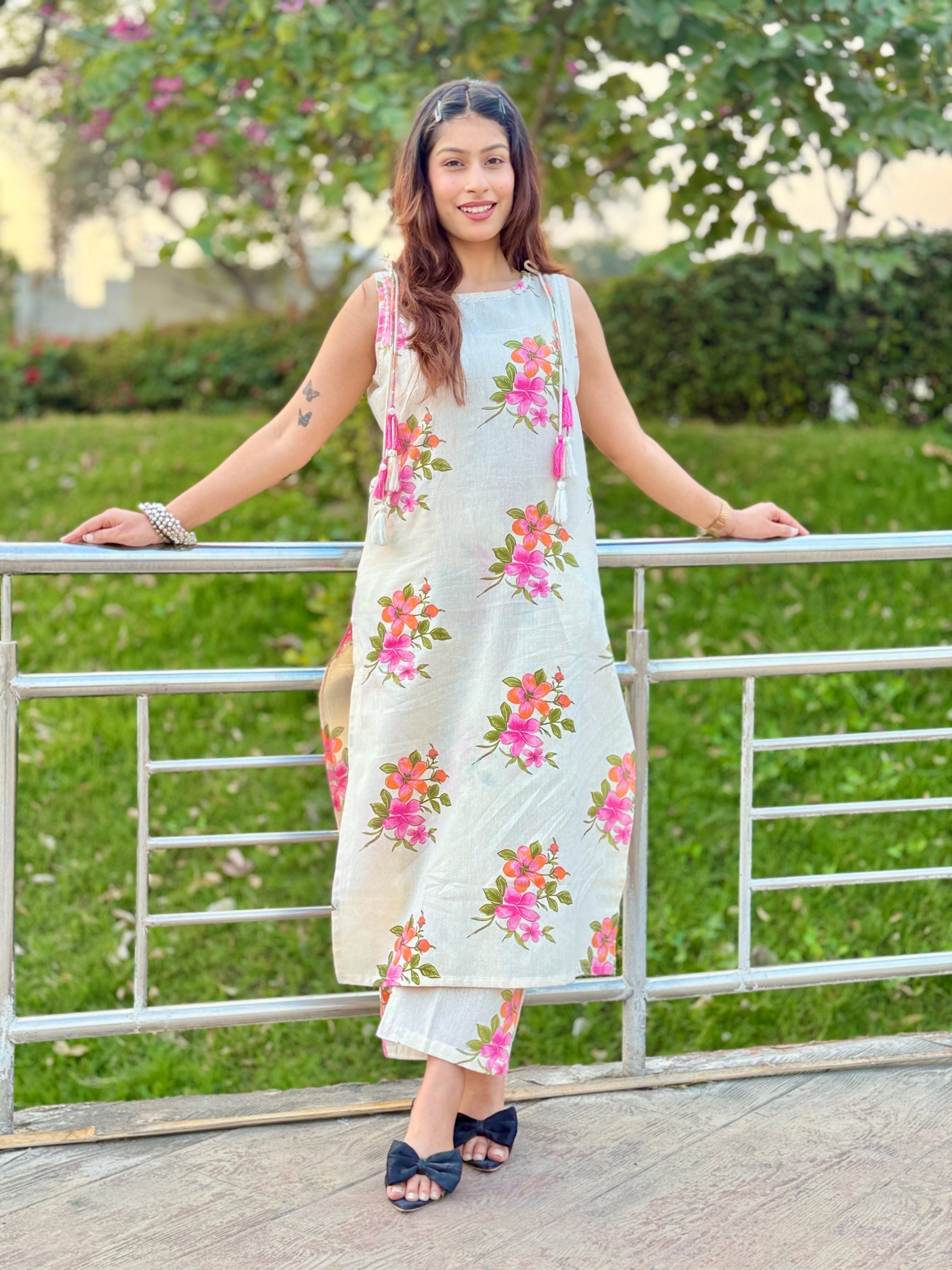 White Khadi Print Cotton Kurti Set