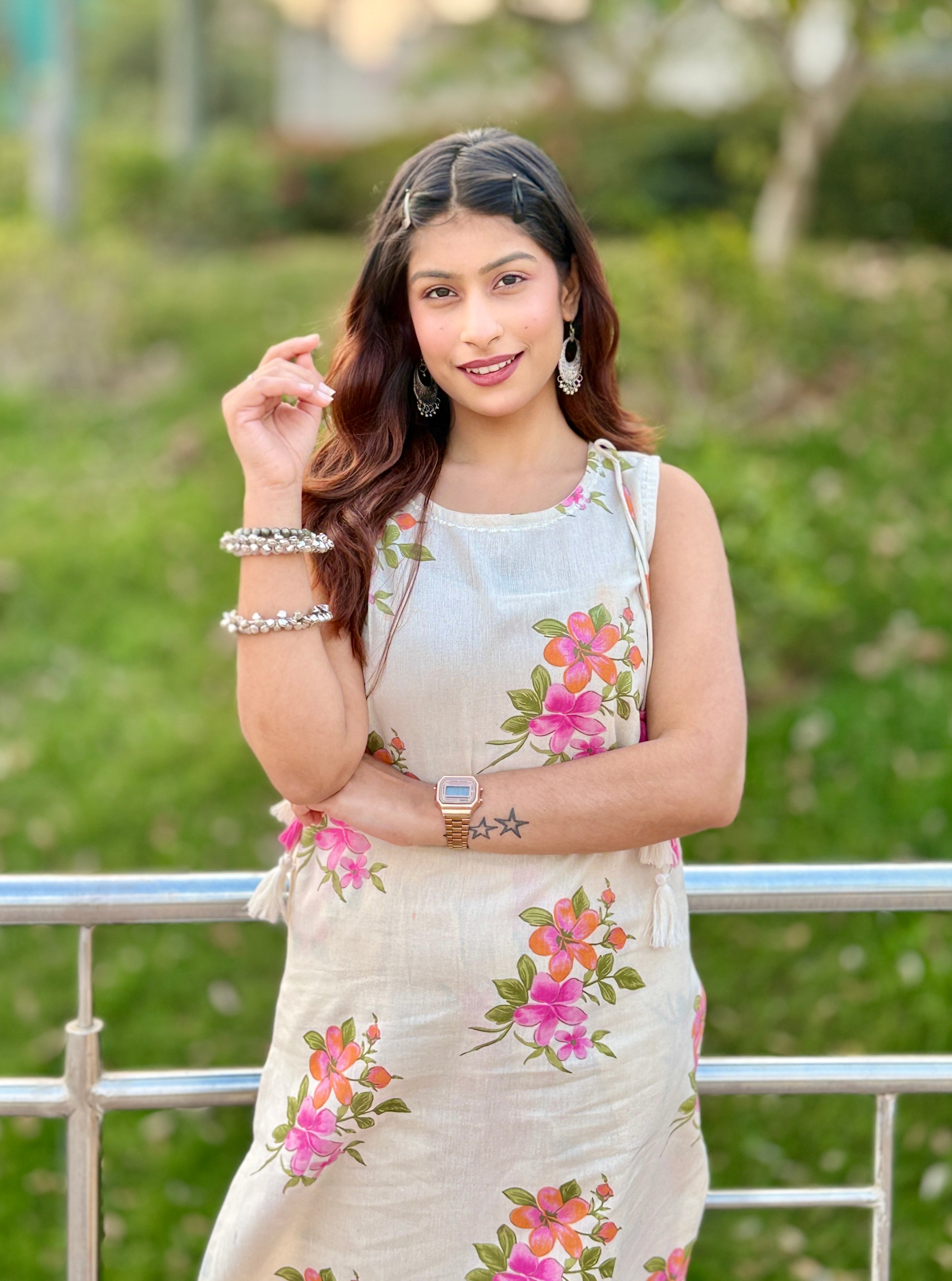 White Khadi Print Cotton Kurti Set